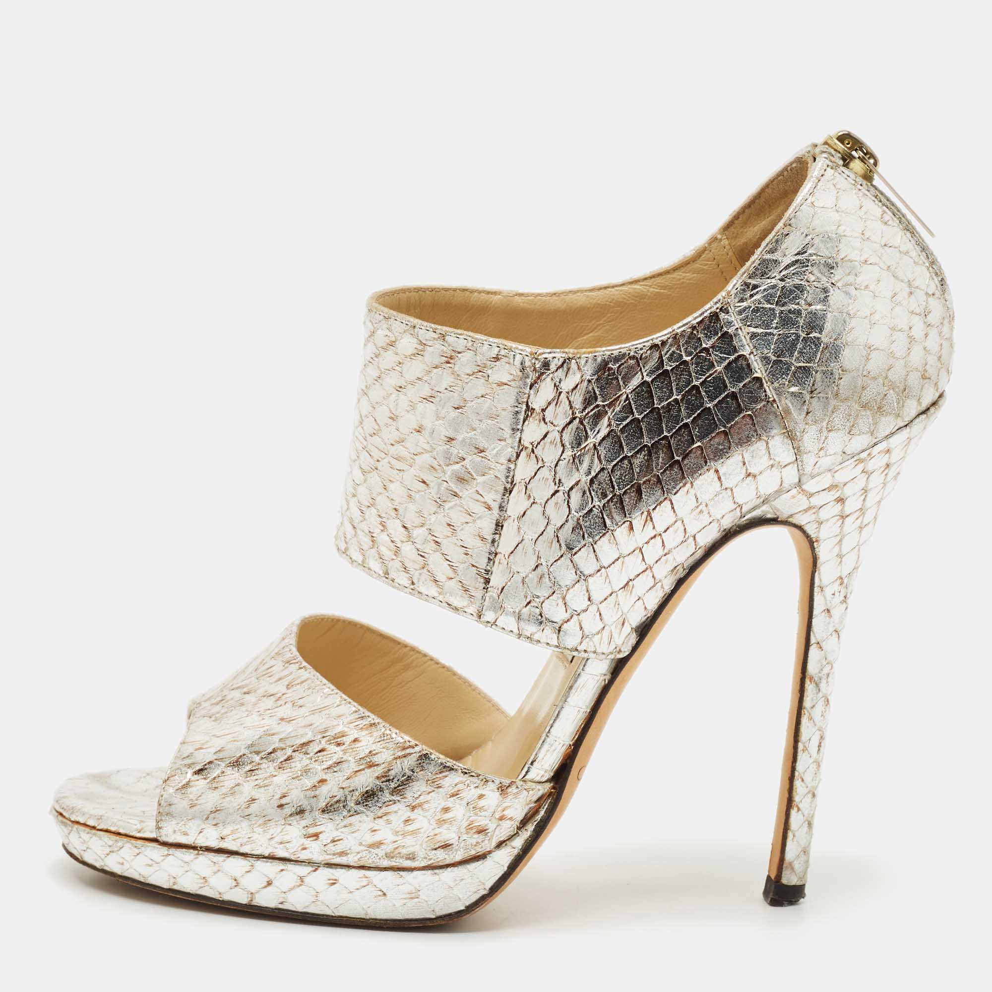 Jimmy Choo Private Size 37.5 Metallic Python Embossed Leather Ankle Strap Sandals