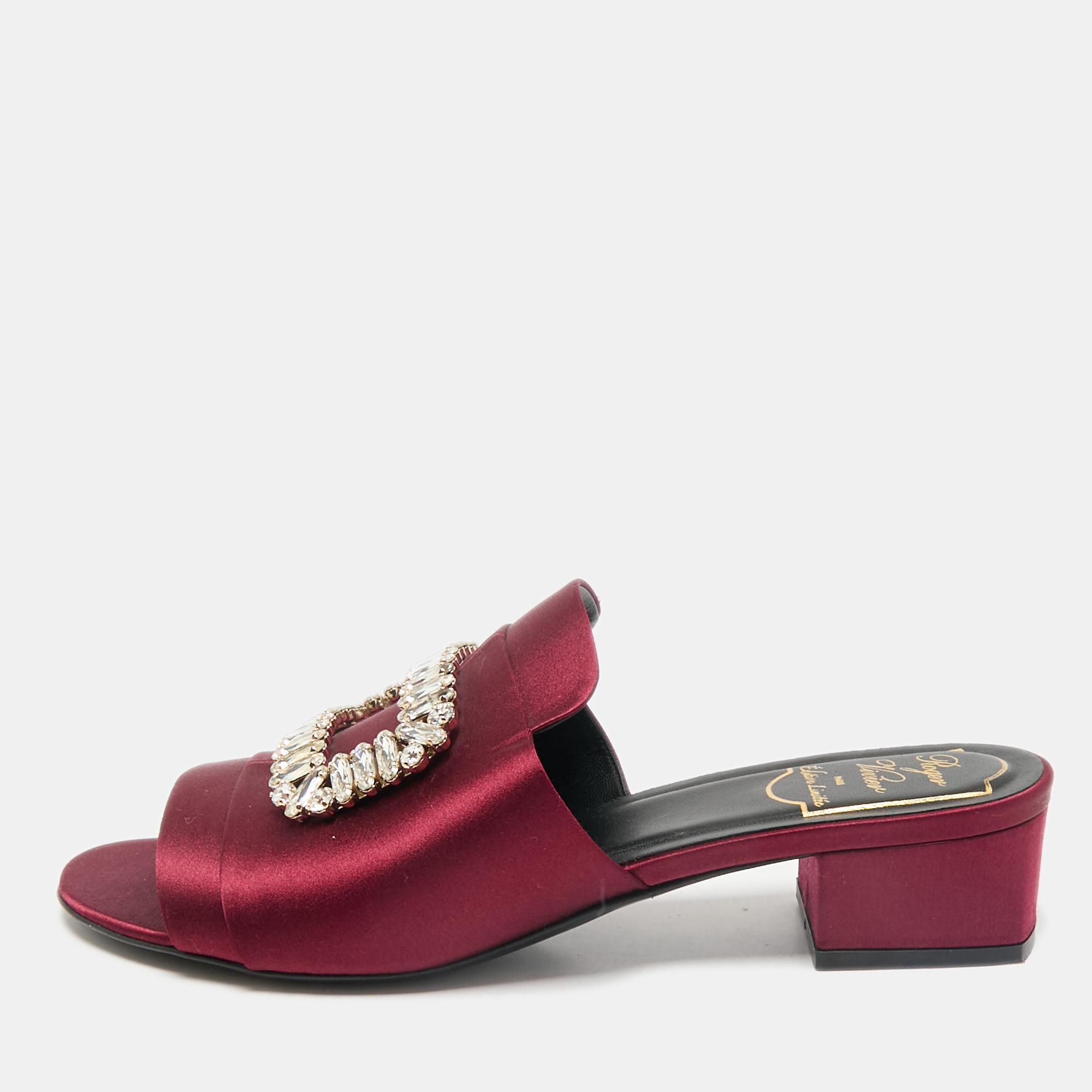 Roger Vivier Burgundy Satin Crystal Embellished Slide Sandals Size 38