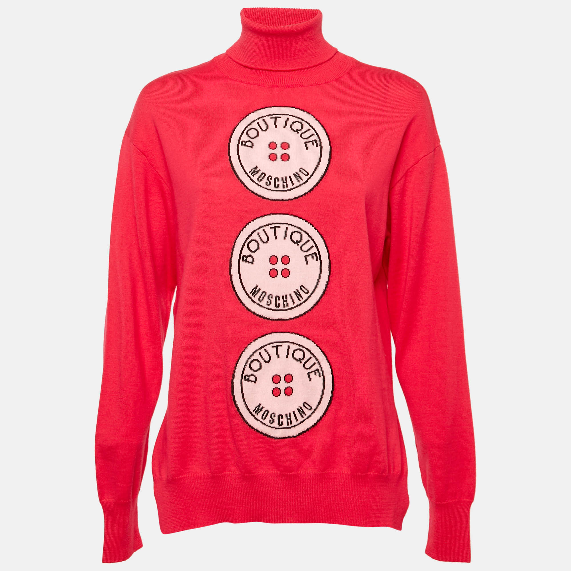 Boutique Moschino Pink Button Intarsia Wool Knit Turtle Neck Sweater M