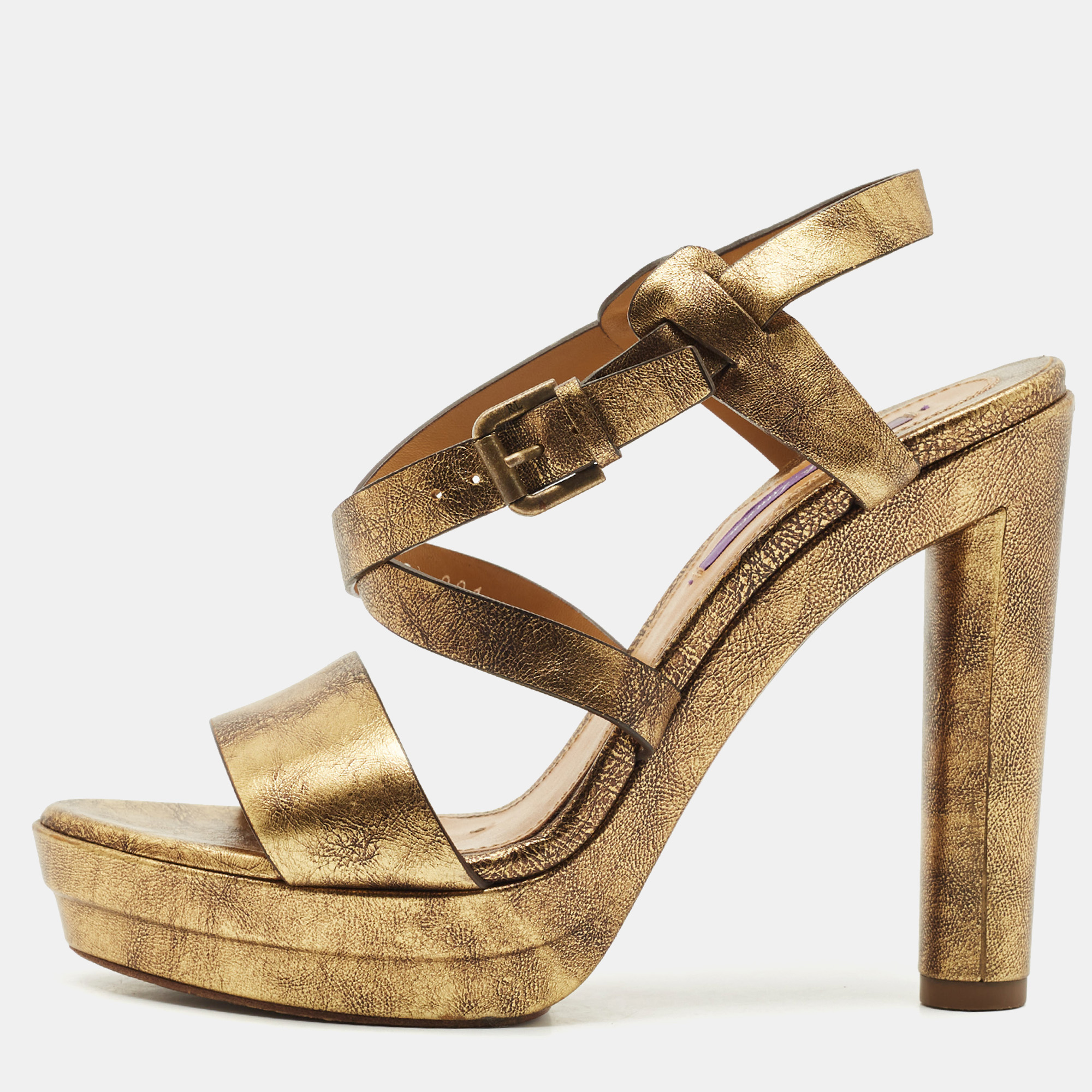 Ralph Lauren Metallic Gold Leather Estrid Platform Ankle Strap Sandals Size 39.5