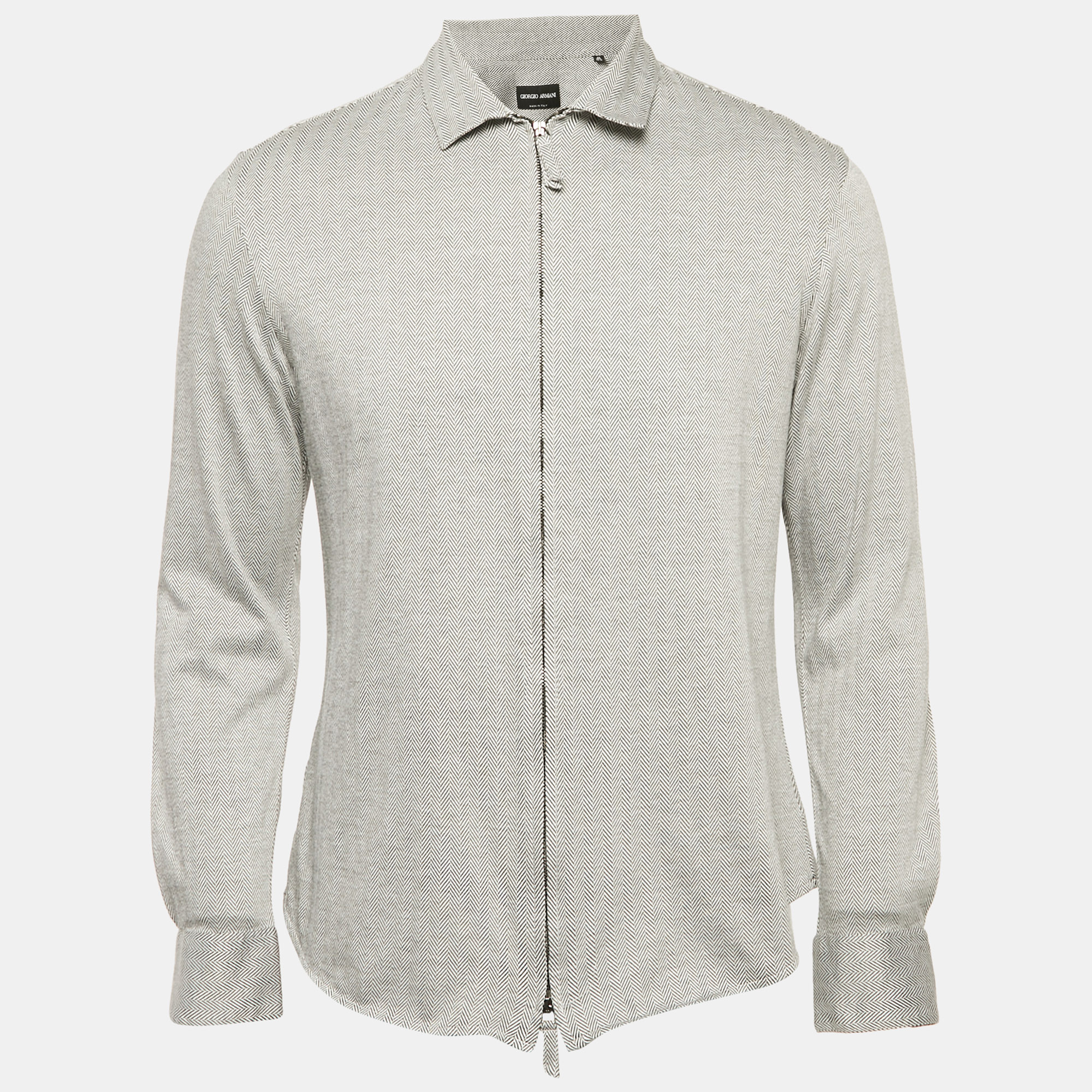 Giorgio Armani Grey Herringbone Cotton Blend Zip-Up Shirt M