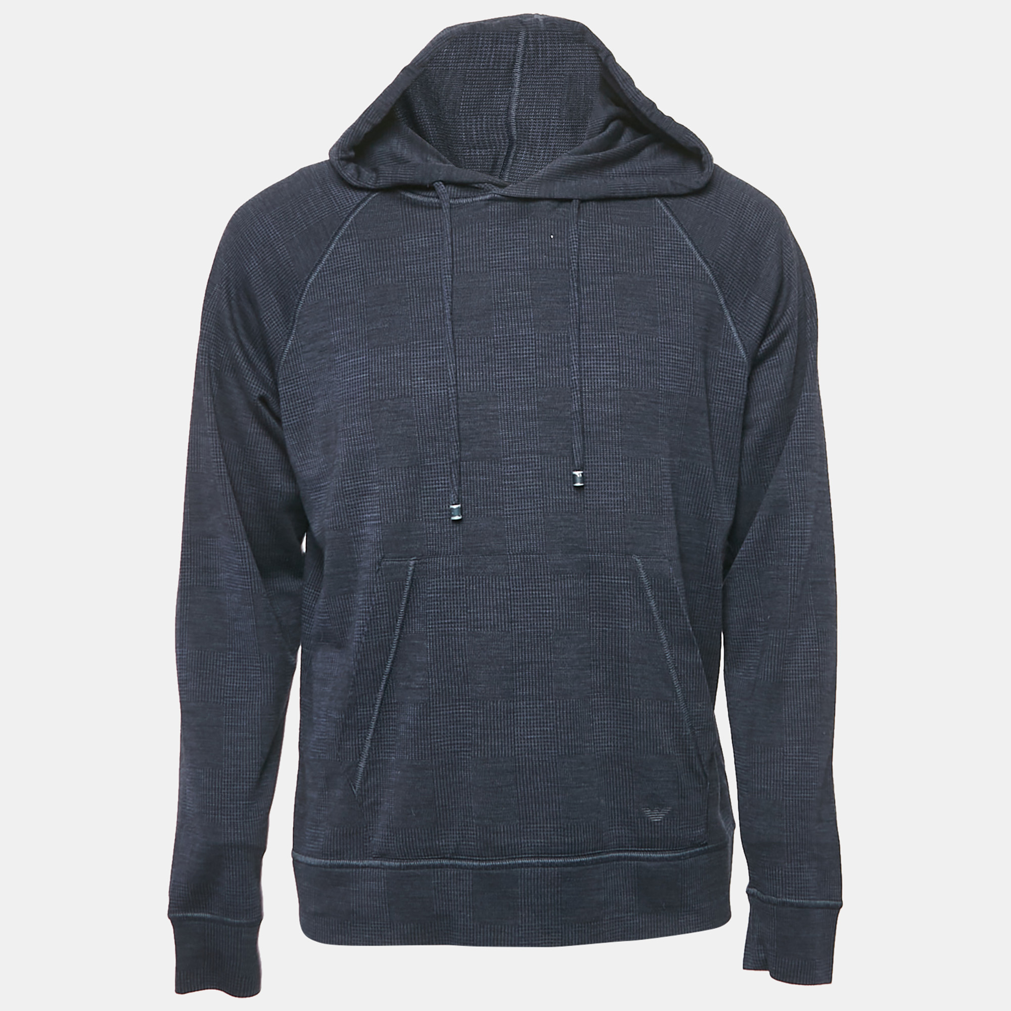 Emporio Armani Navy Blue Checks Jersey Hoodie L