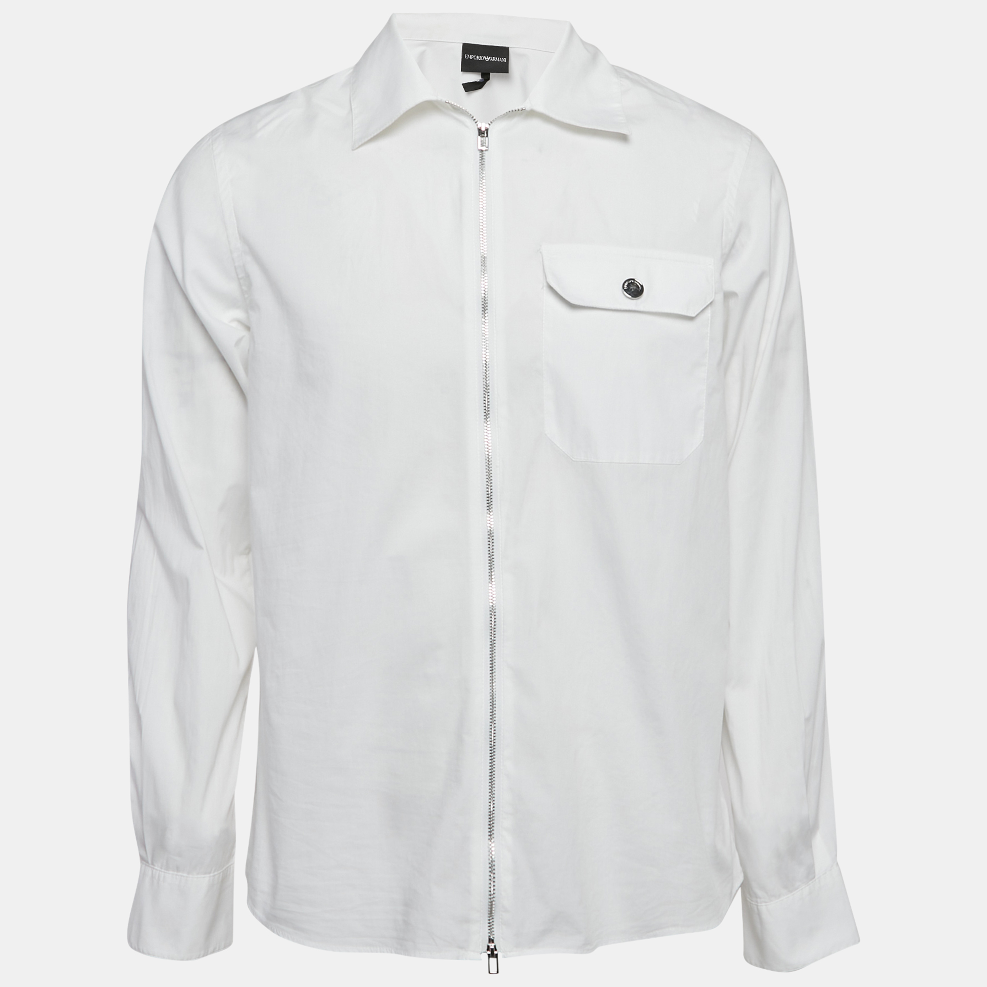 Emporio Armani White Cotton Zip-Up Long Sleeve Shirt L