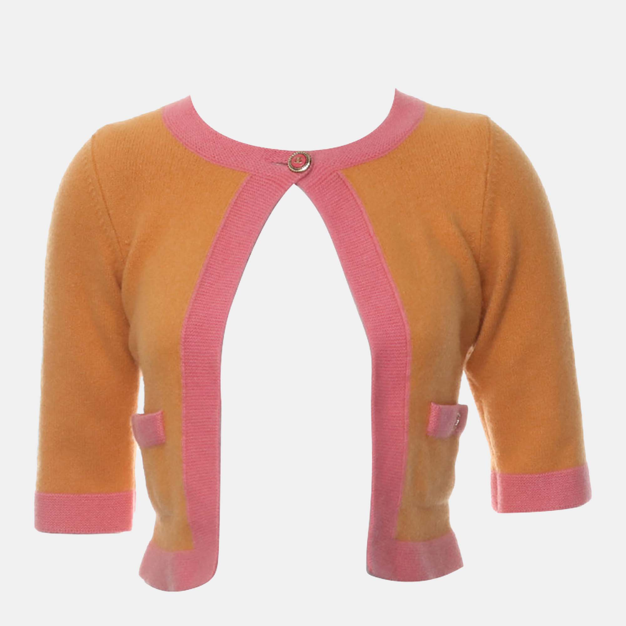 Chanel Contrast -Trim Cashmere Single Buttoned Cardigan S Orange Pink Tops Women