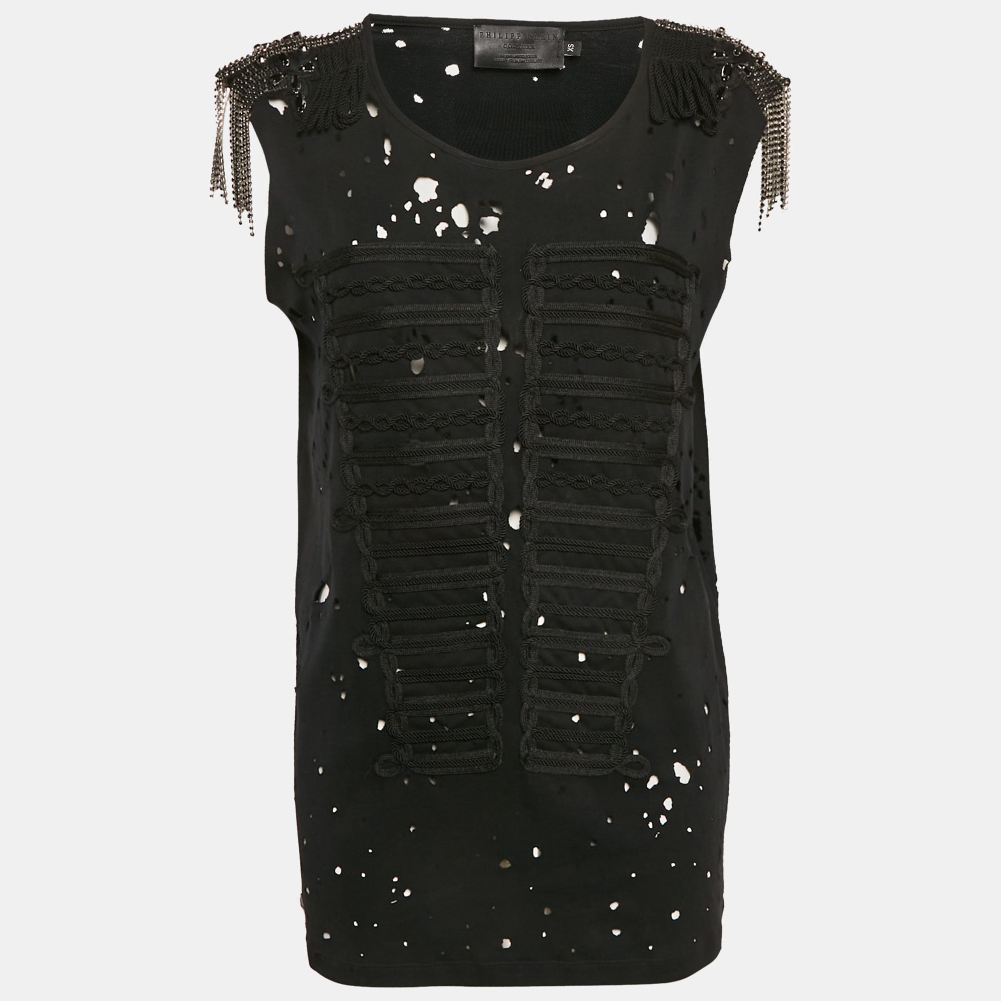 Philipp Plein Couture Black Shoulders Embellished Distressed Top XS