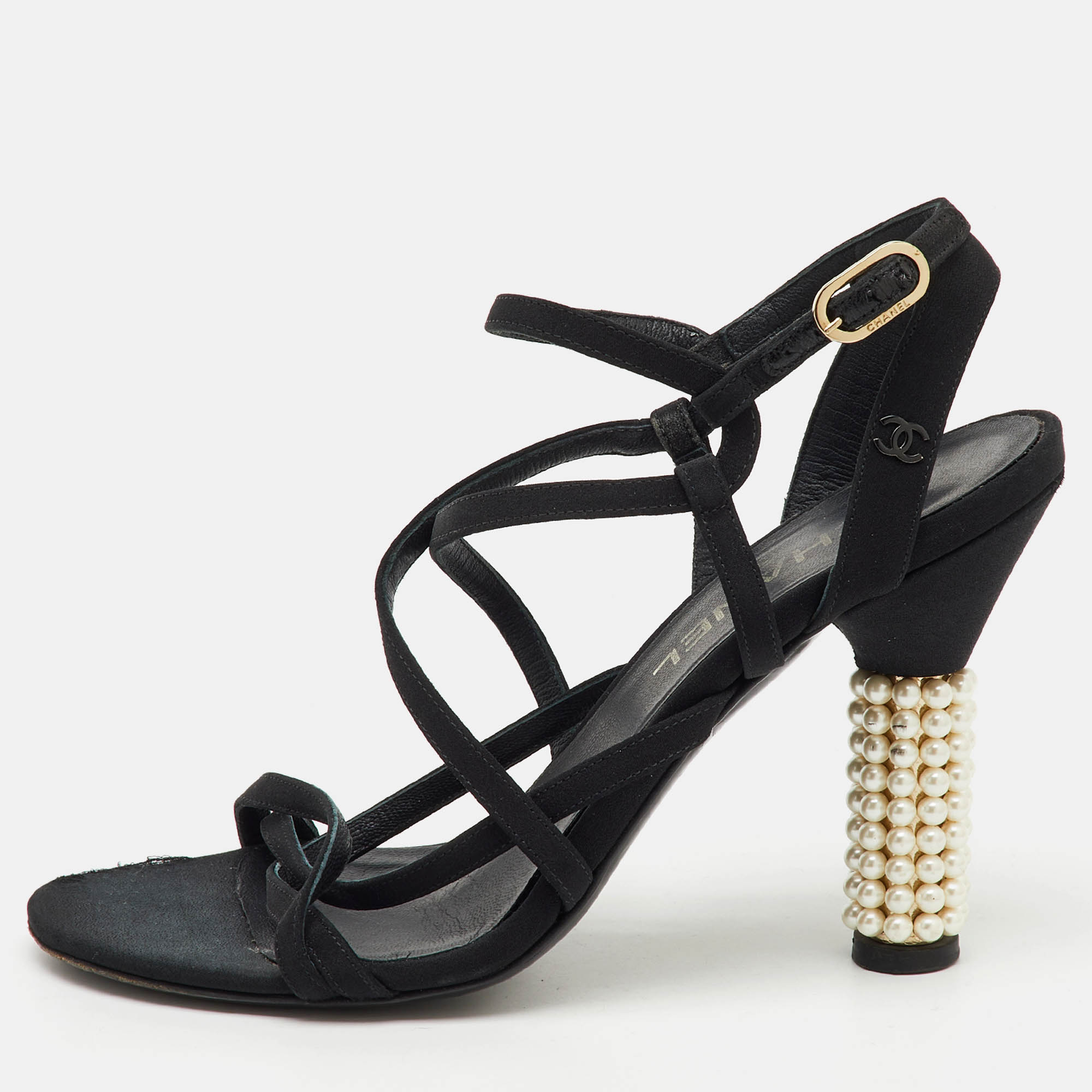 Chanel Black Fabric CC Criss Cross Strappy Sandals Size 39