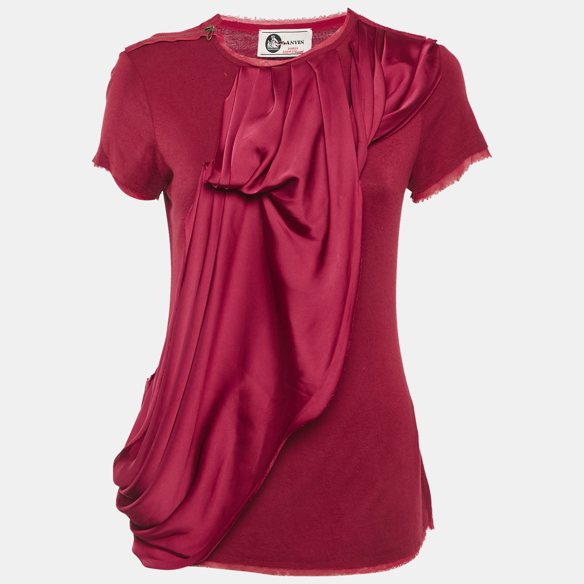 Lanvin Red Jersey Satin Drape Trim Detail Top S