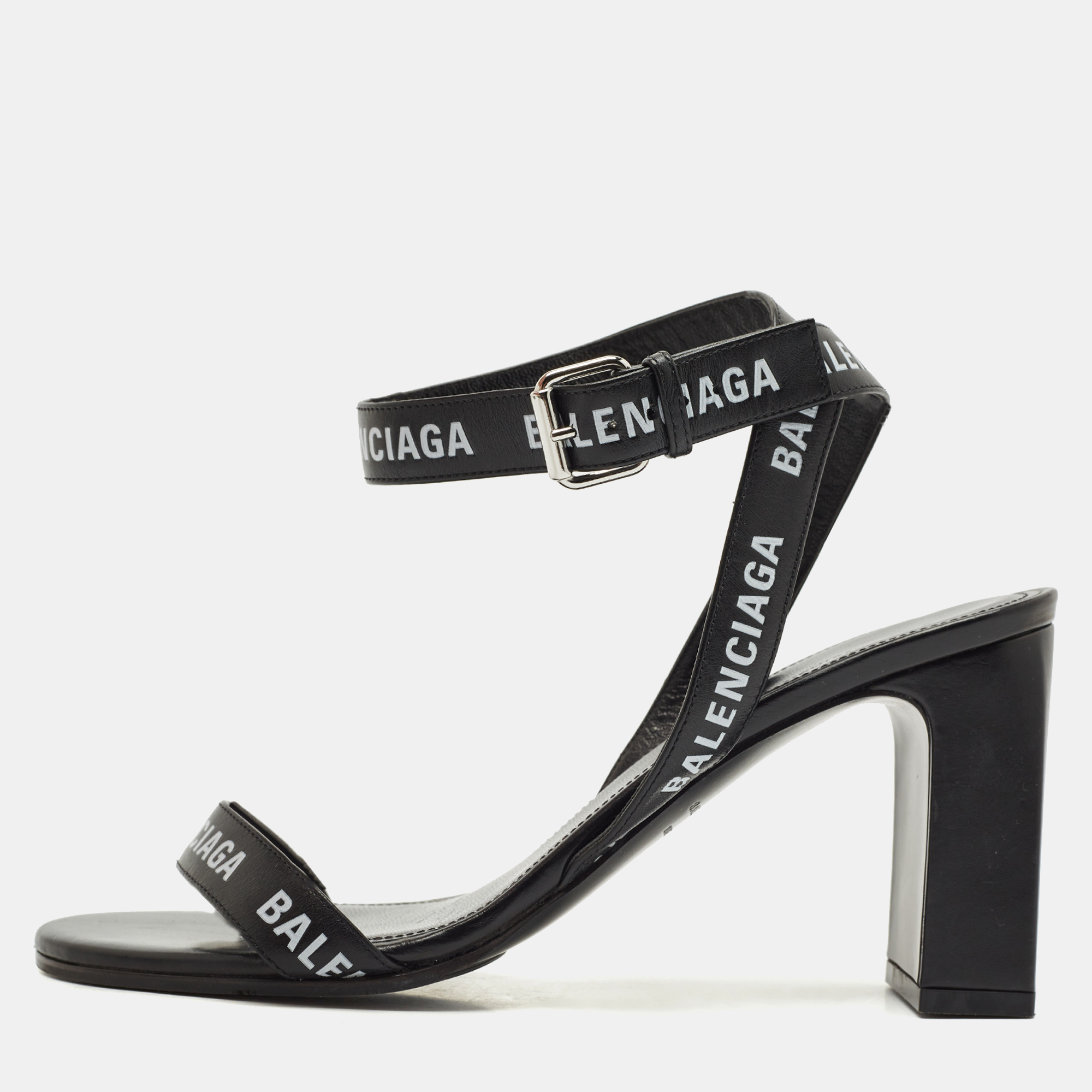 Balenciaga Black Logo Print Leather Ankle Strap Sandals Size 38