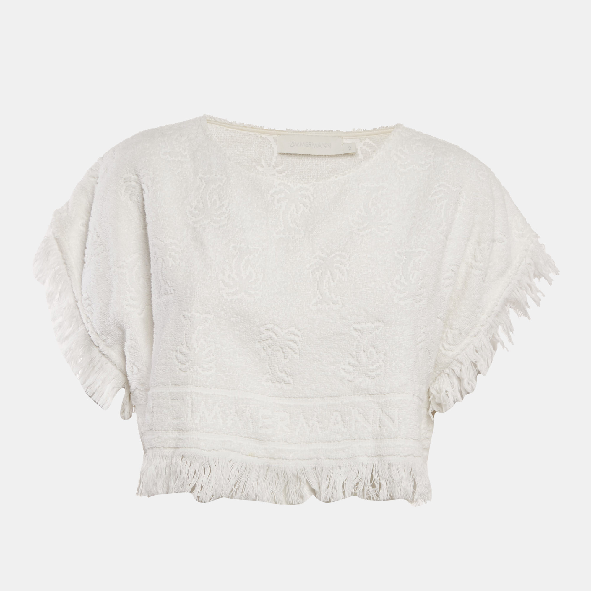 Zimmermann White Palm Tree Terry Cotton Fringed Crop Top M