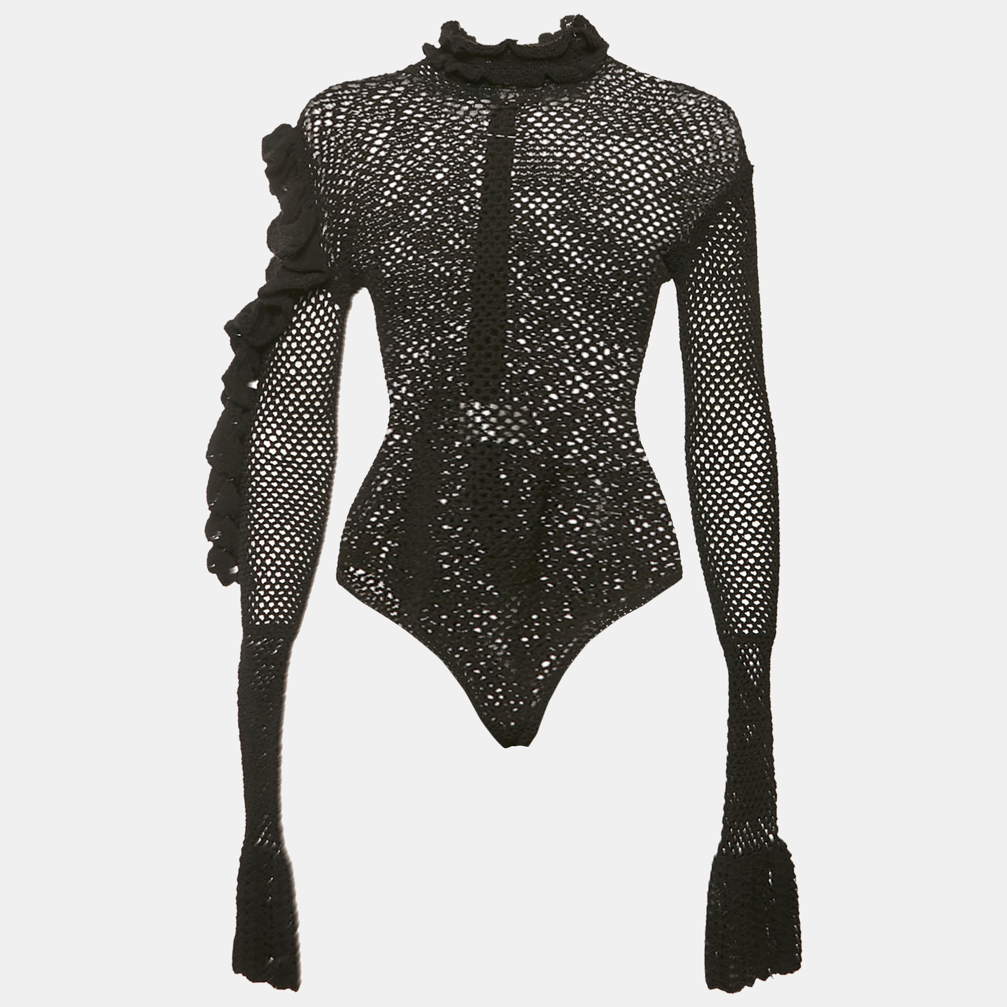 Magda Butrym Black Crochet Ruffled Cold Shoulder Bodysuit M