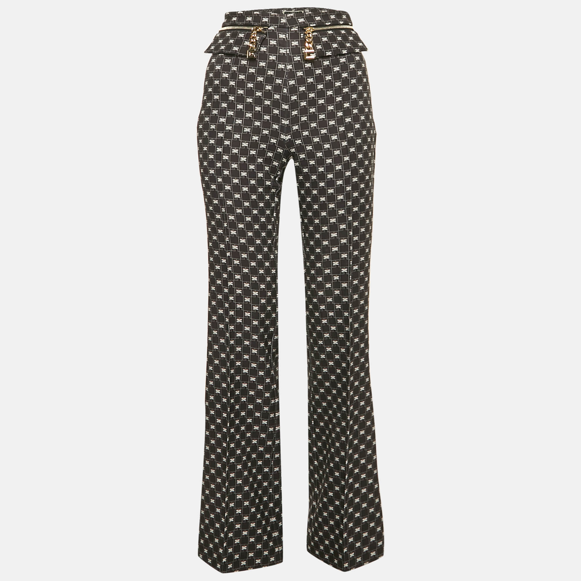 Elisabetta Franchi Black Logo All Over Jersey High Rise Flared Pants S