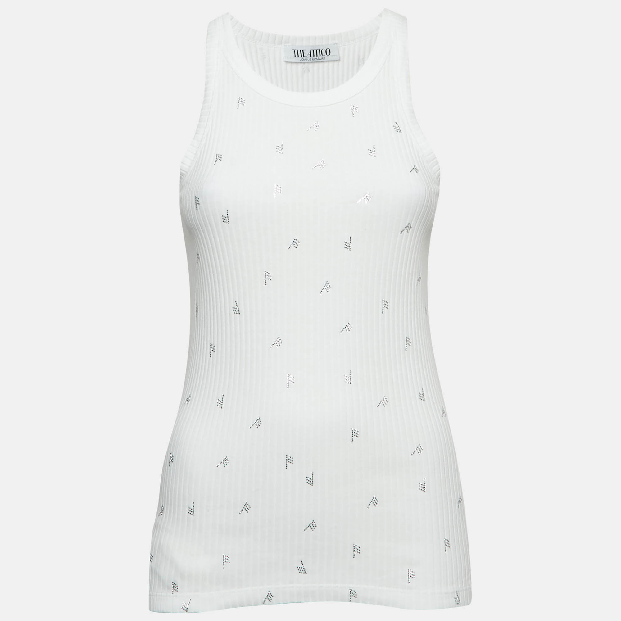 The Attico White F Rhinestone Rib Knit Tank Top M