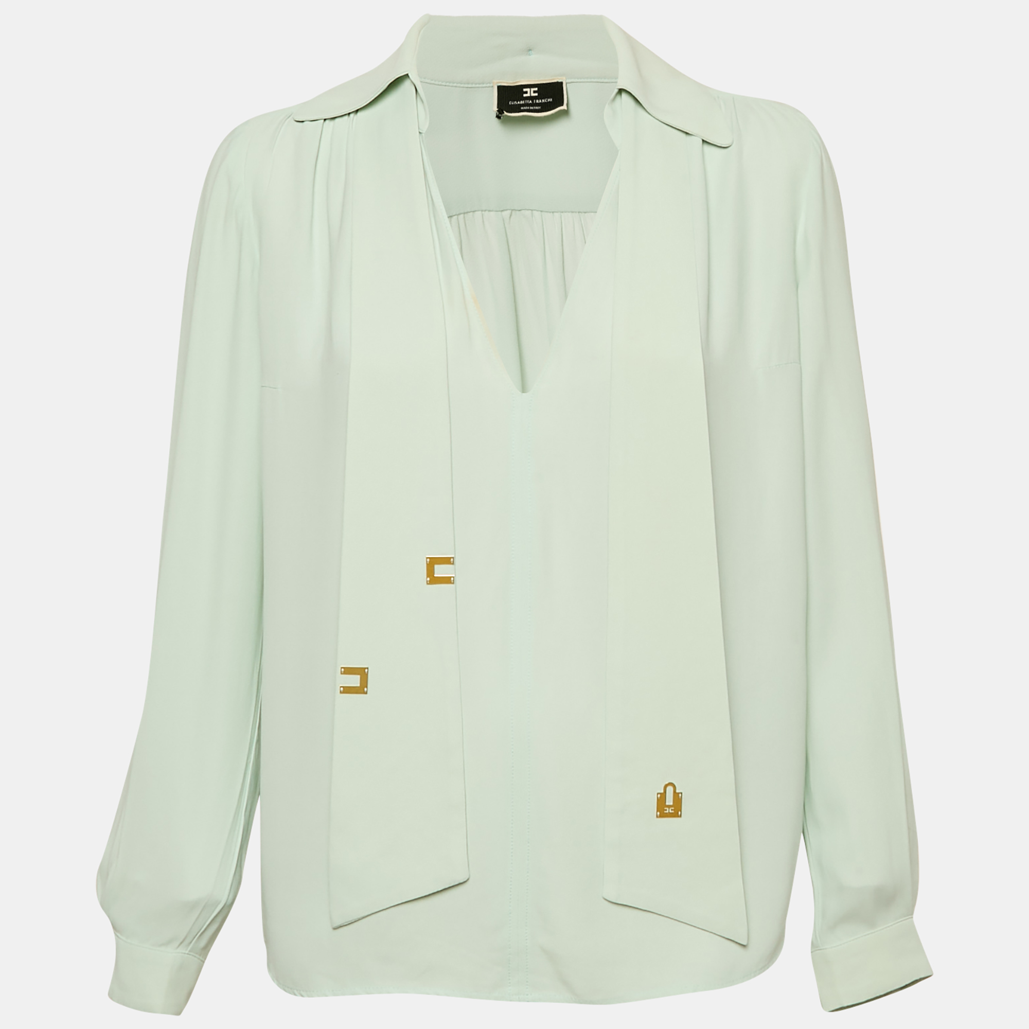Elisabetta Franchi Blue Crepe Neck-Tie Detail Top M