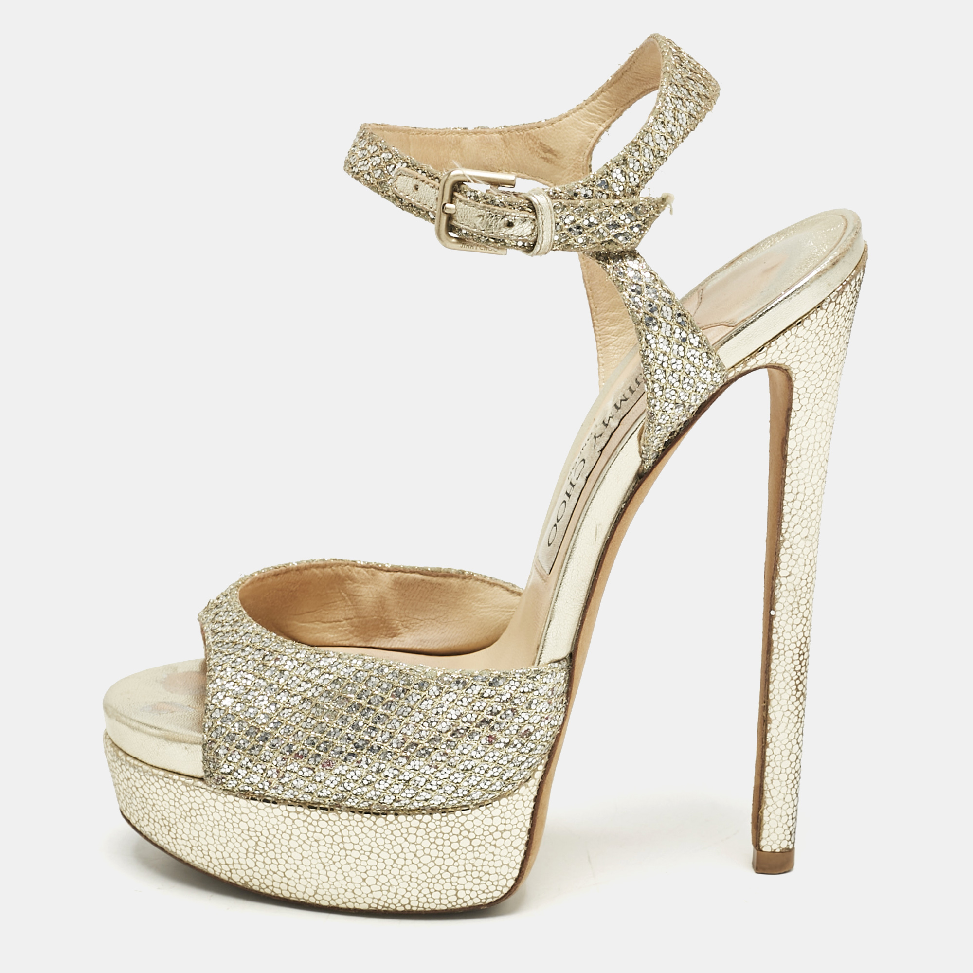 Jimmy Choo Silver Glitter Linda Ankle Strap Sandals Size 36.5