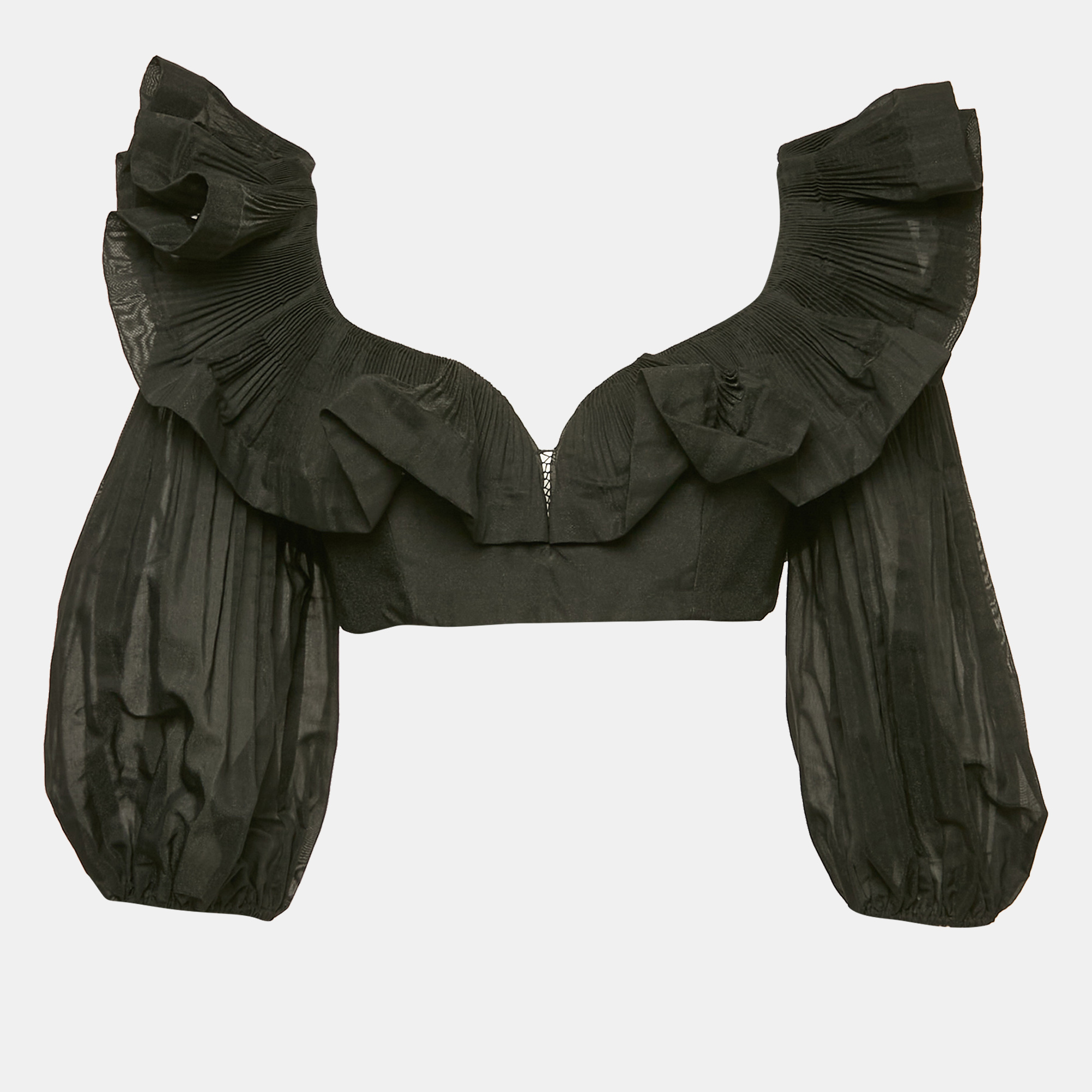 Zimmermann Black Crepe Ruffled Crop Top M