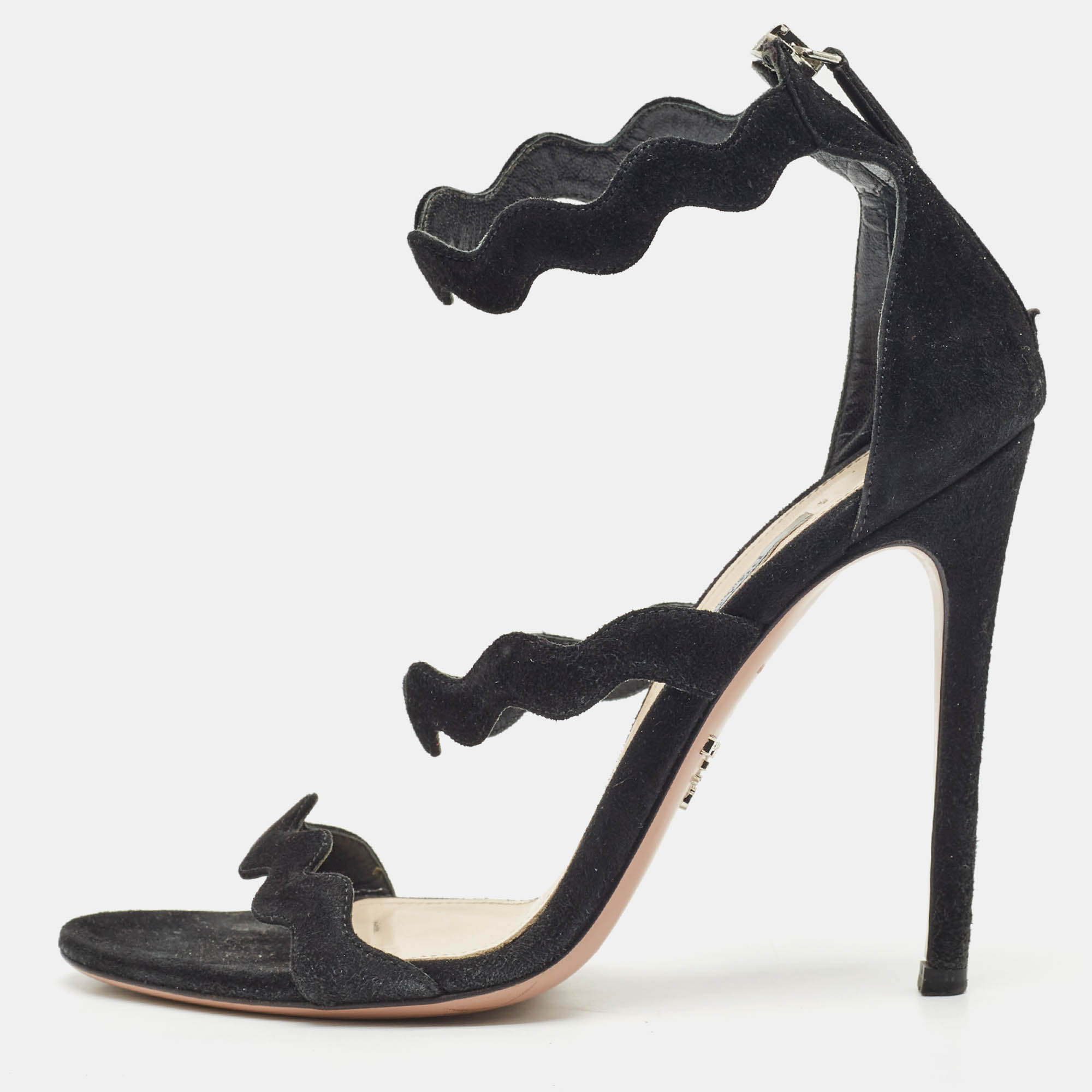 Prada Black Suede Wavy Ankle Strap Sandals Size 37.5