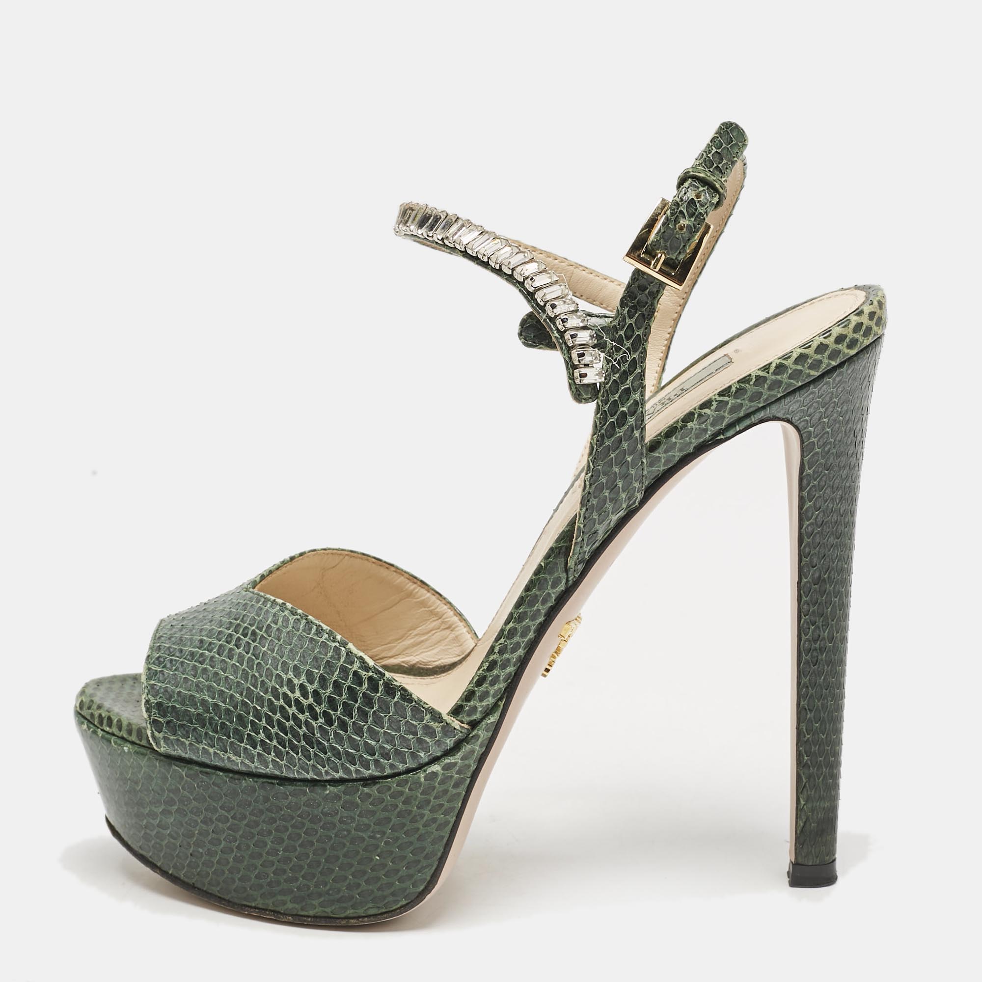 Prada Green Snakeskin Crystals Embellished Ankle Strap Sandals Size 36