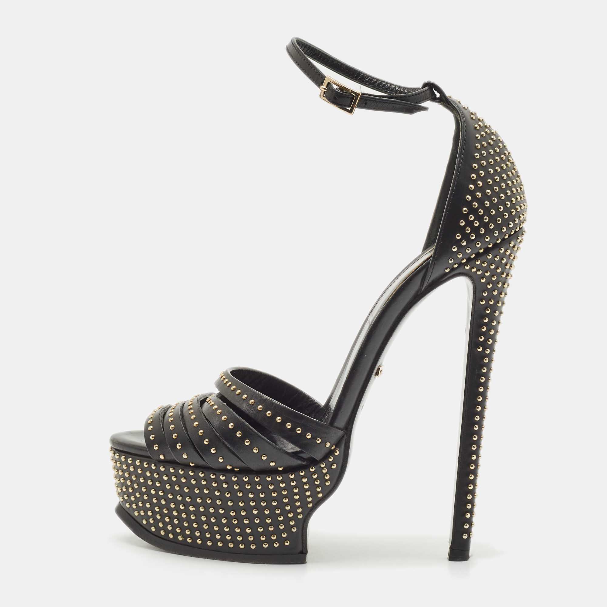 Roberto Cavalli Black Leather Studded Platform Sandals Size 36