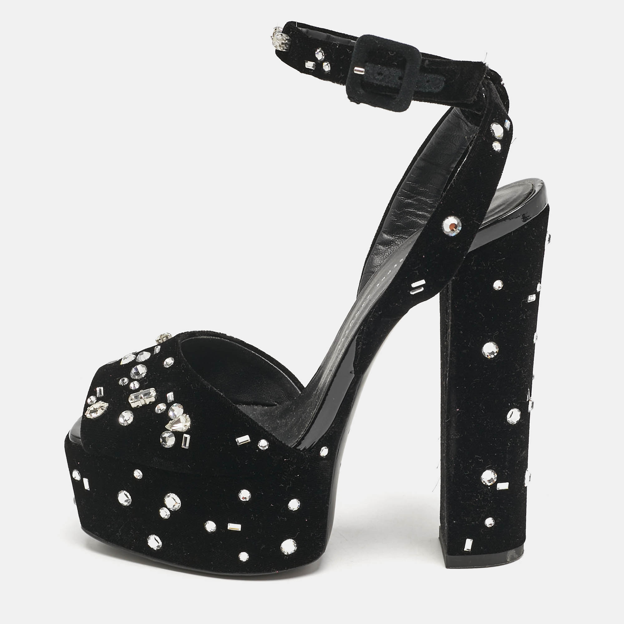 Giuseppe Zanotti Black Velvet Crystal Embellished Ankle Strap Platform Sandals Size 36