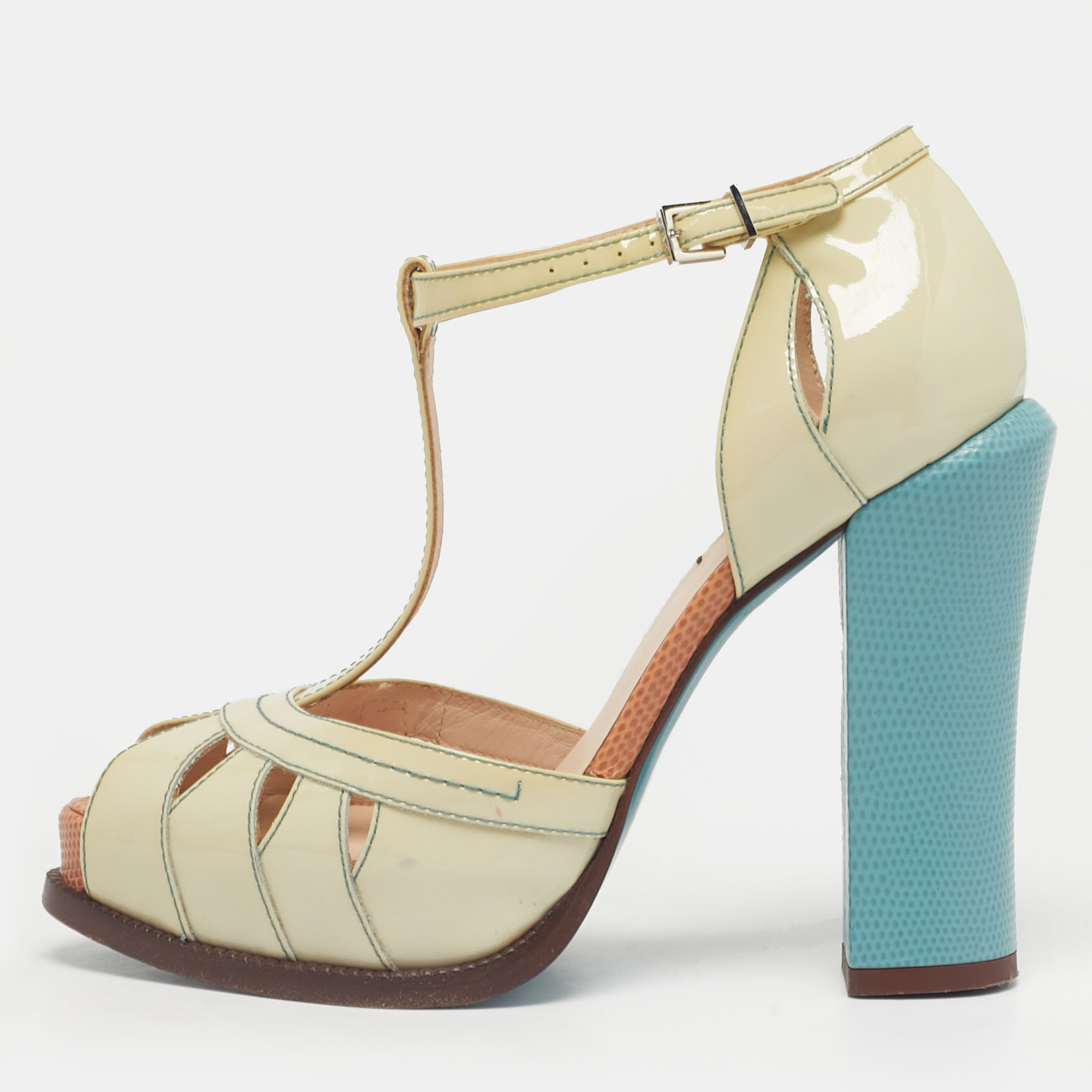 Fendi Beige/Blue Patent Leather Cut Out T-Strap Platform Sandals Size 37