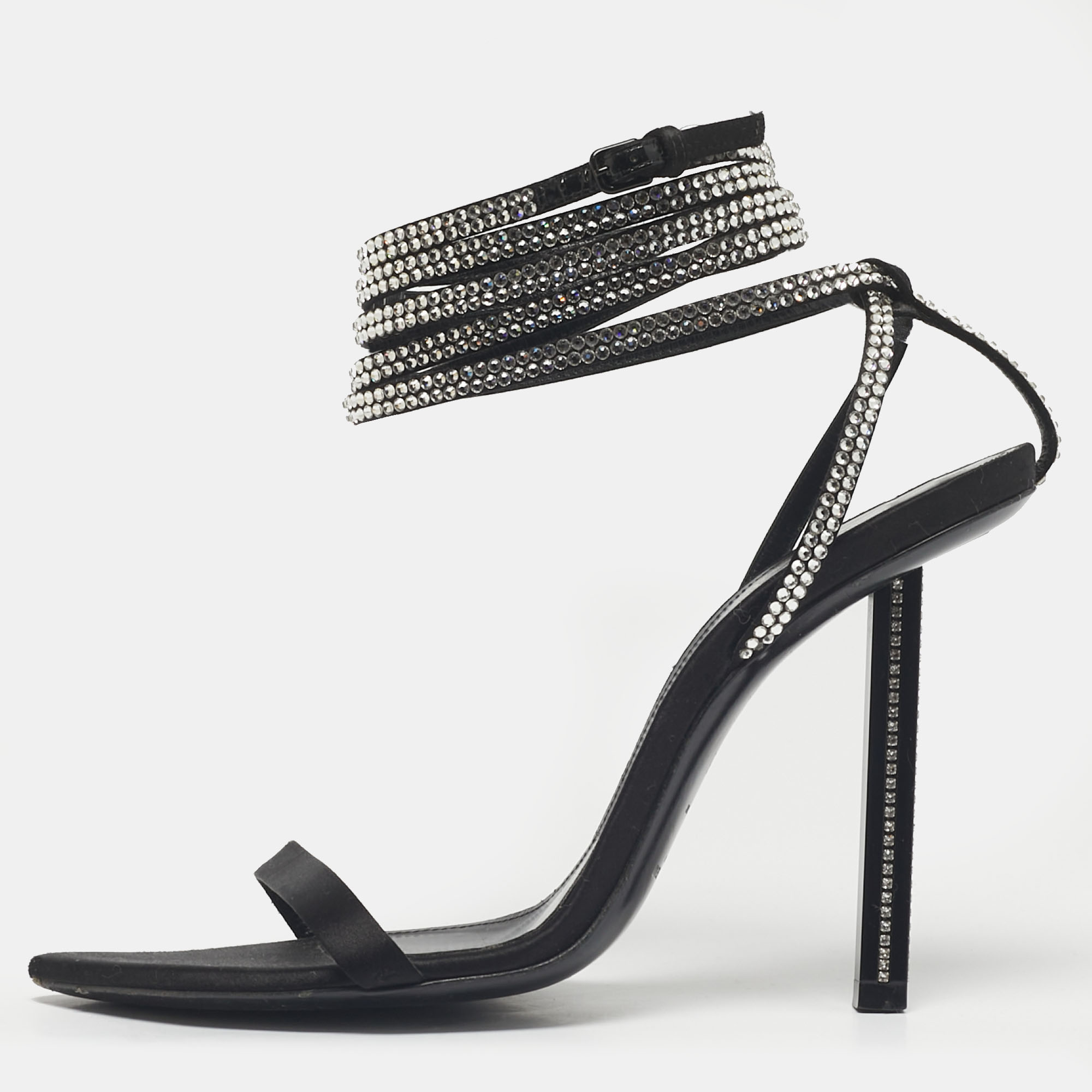 Saint Laurent Black Satin Georgia Ankle Strap Sandals Size 38 Saint Laurent Paris