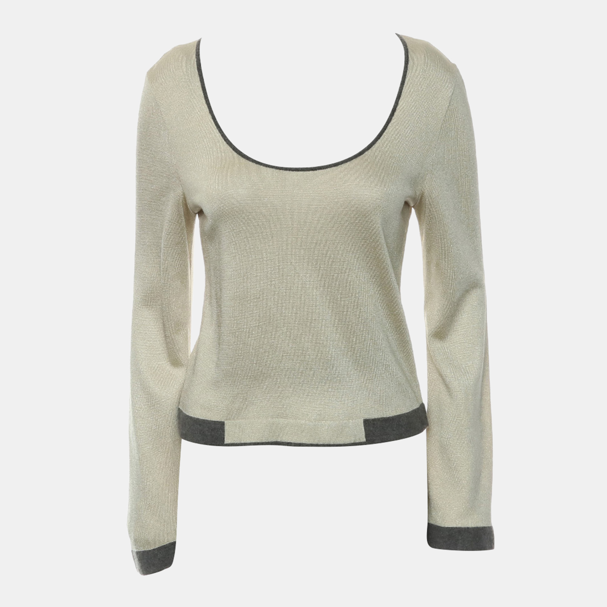 Chanel Contrast Trim Beige Viscose Blend Long Sleeve Knitted Top S