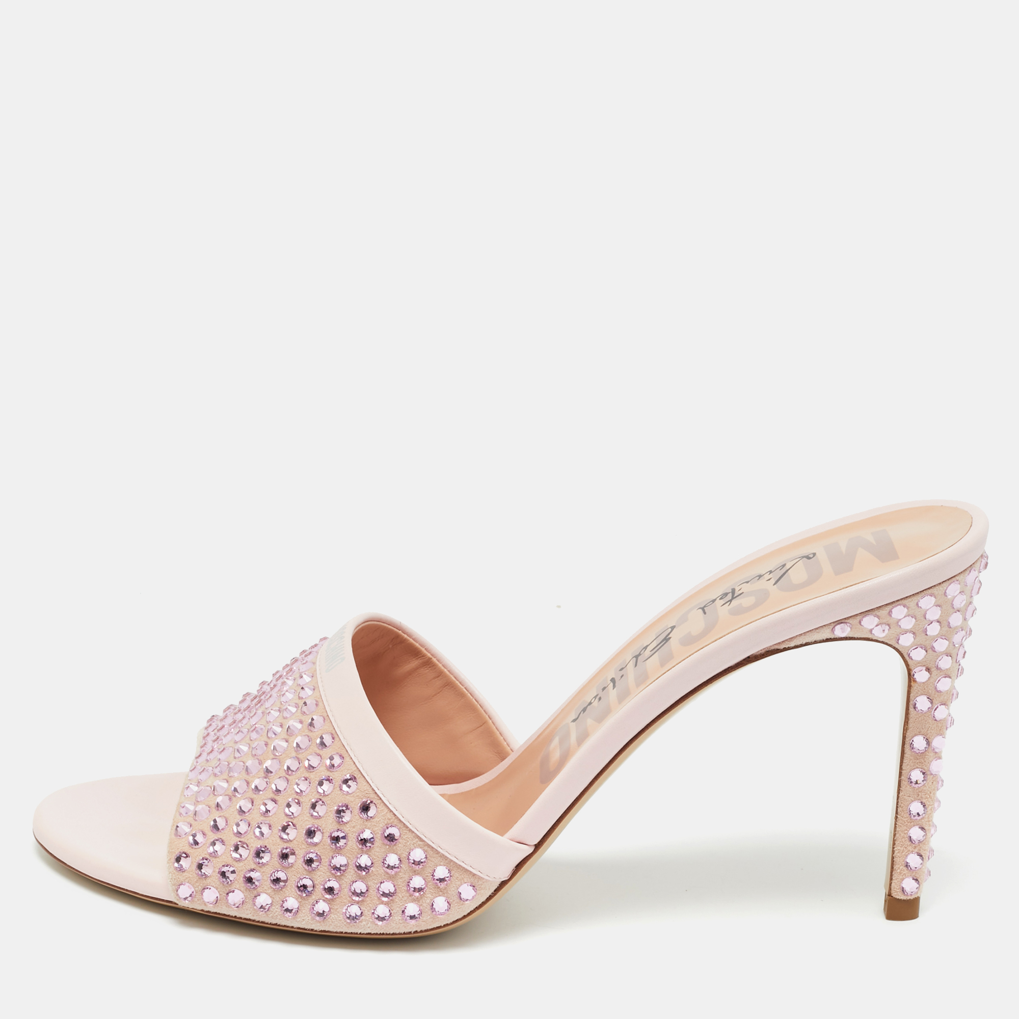 Moschino Pink Leather and Suede Crystal Embellished Slide Sandals Size 40