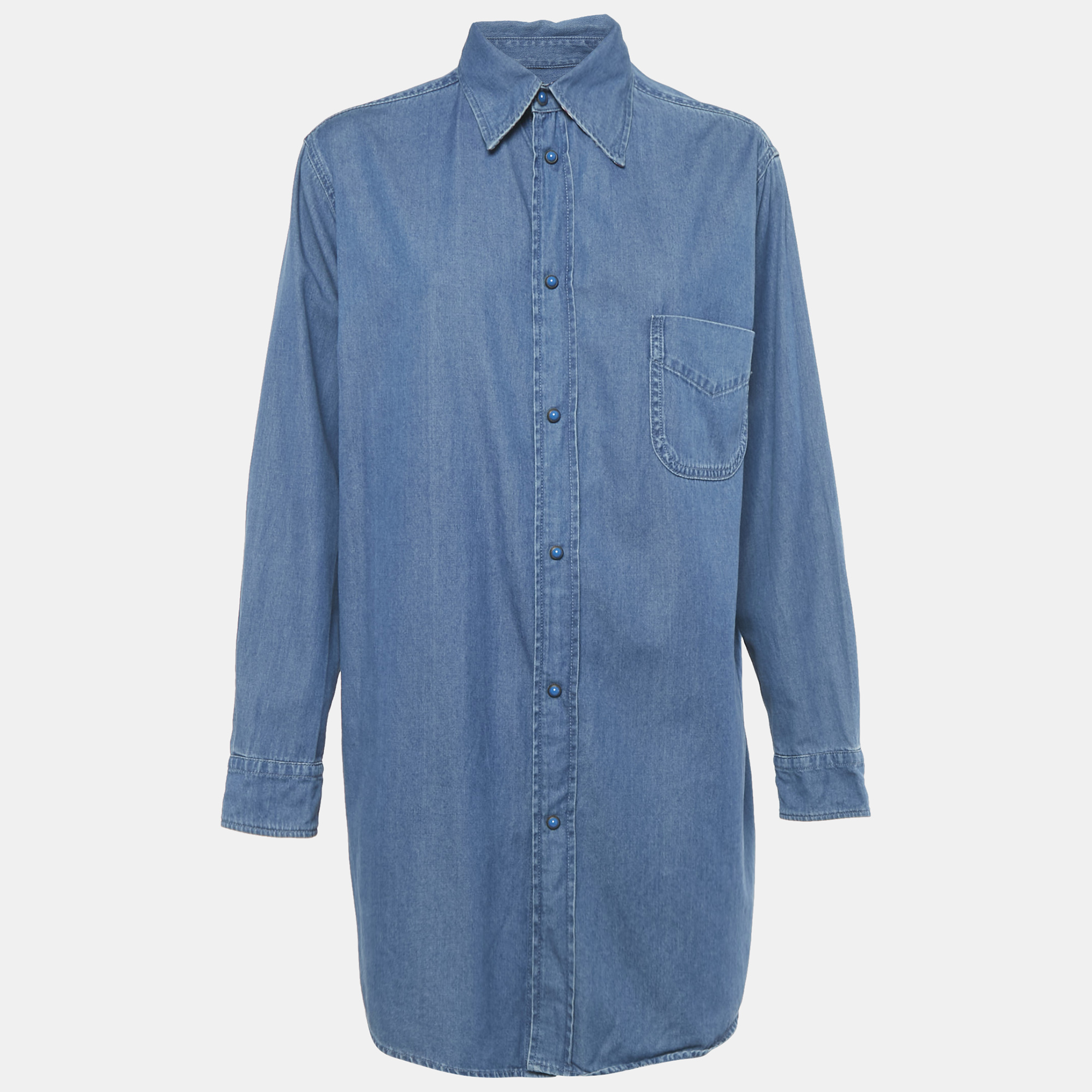 Etro Beach Dubai Blue Logo Print Denim Oversized Shirt S
