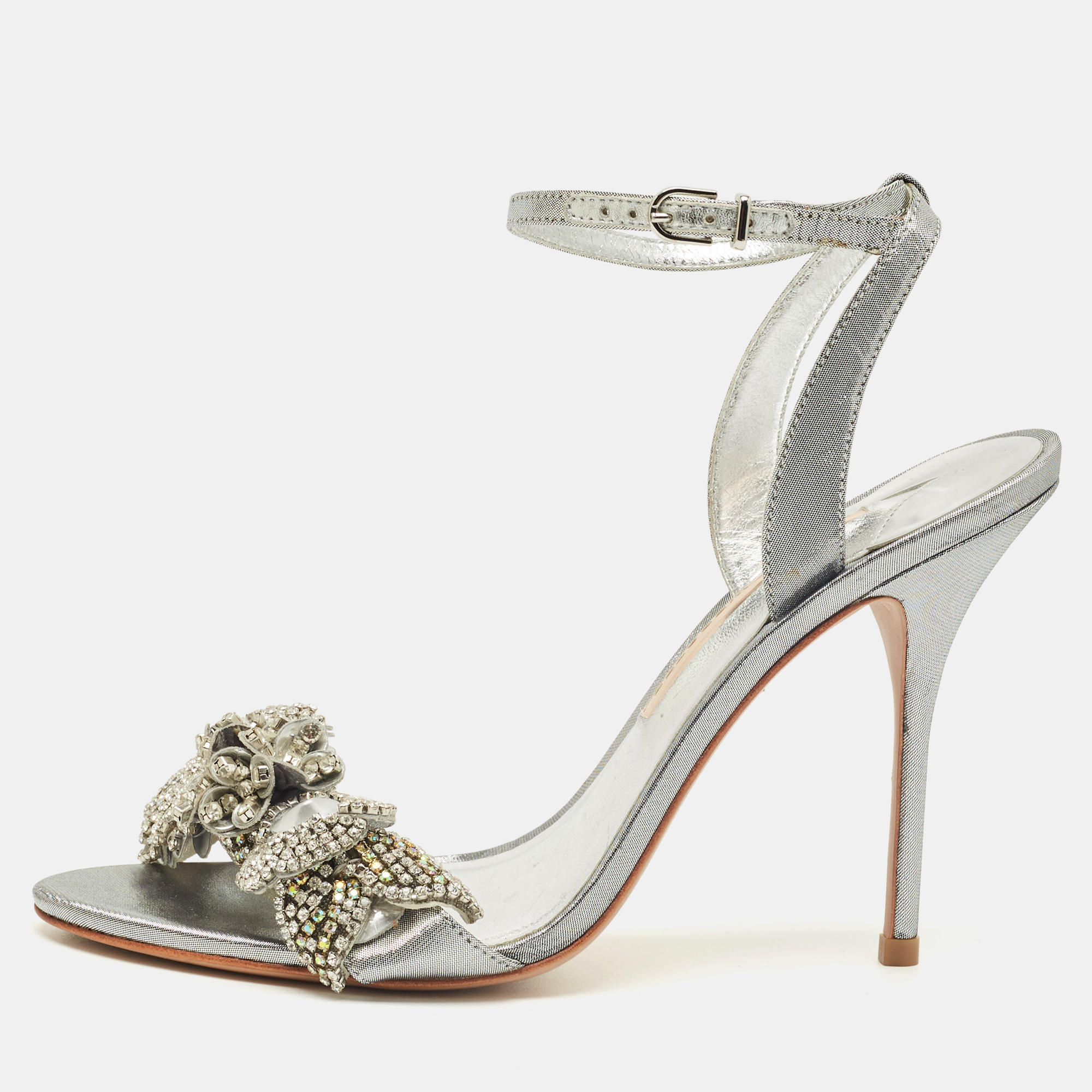 Sophia Webster Silver Leather Lilico Crystal Ankle Strap Sandals Size 40
