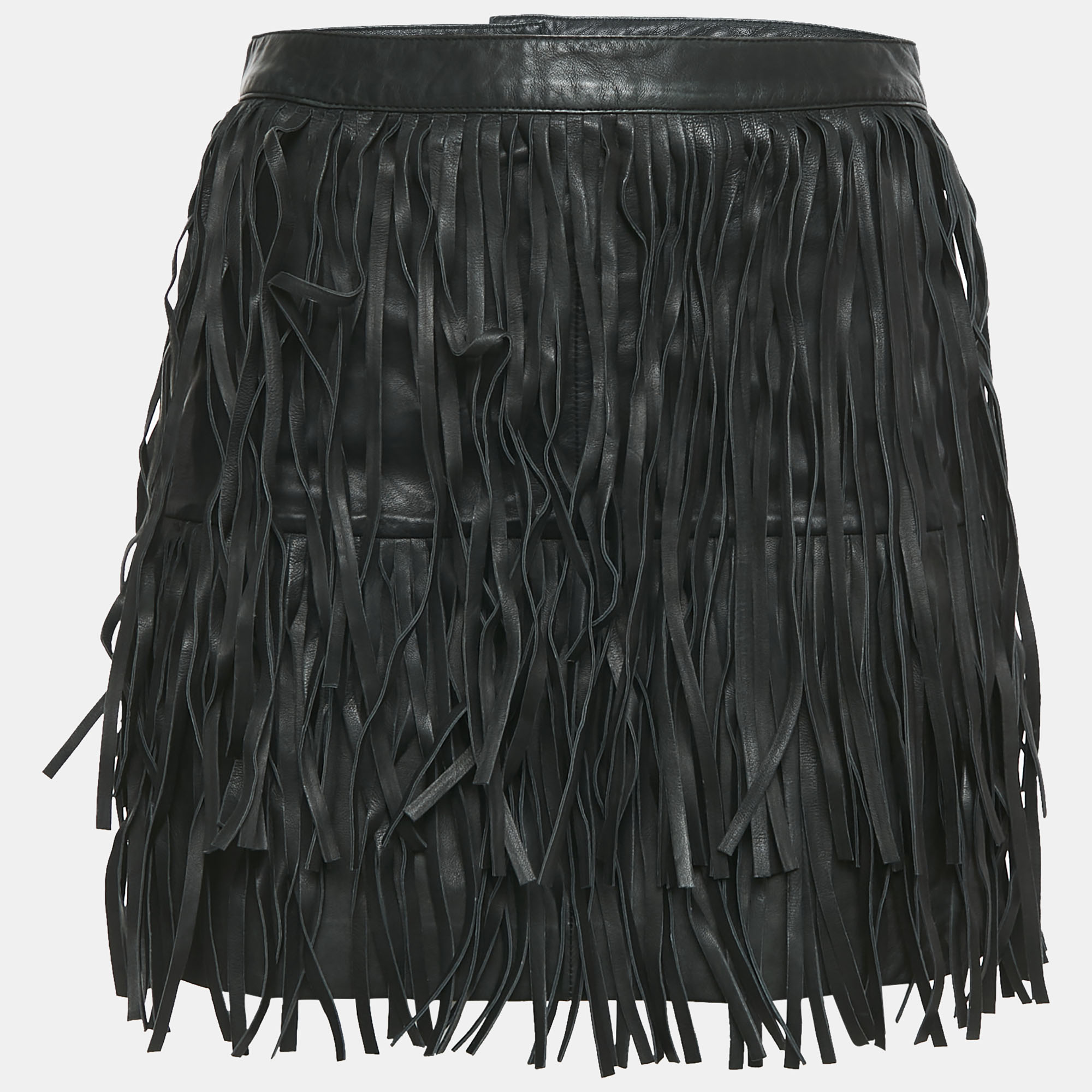 Zadig & Voltaire Black Leather Fringed Mini Skirt S