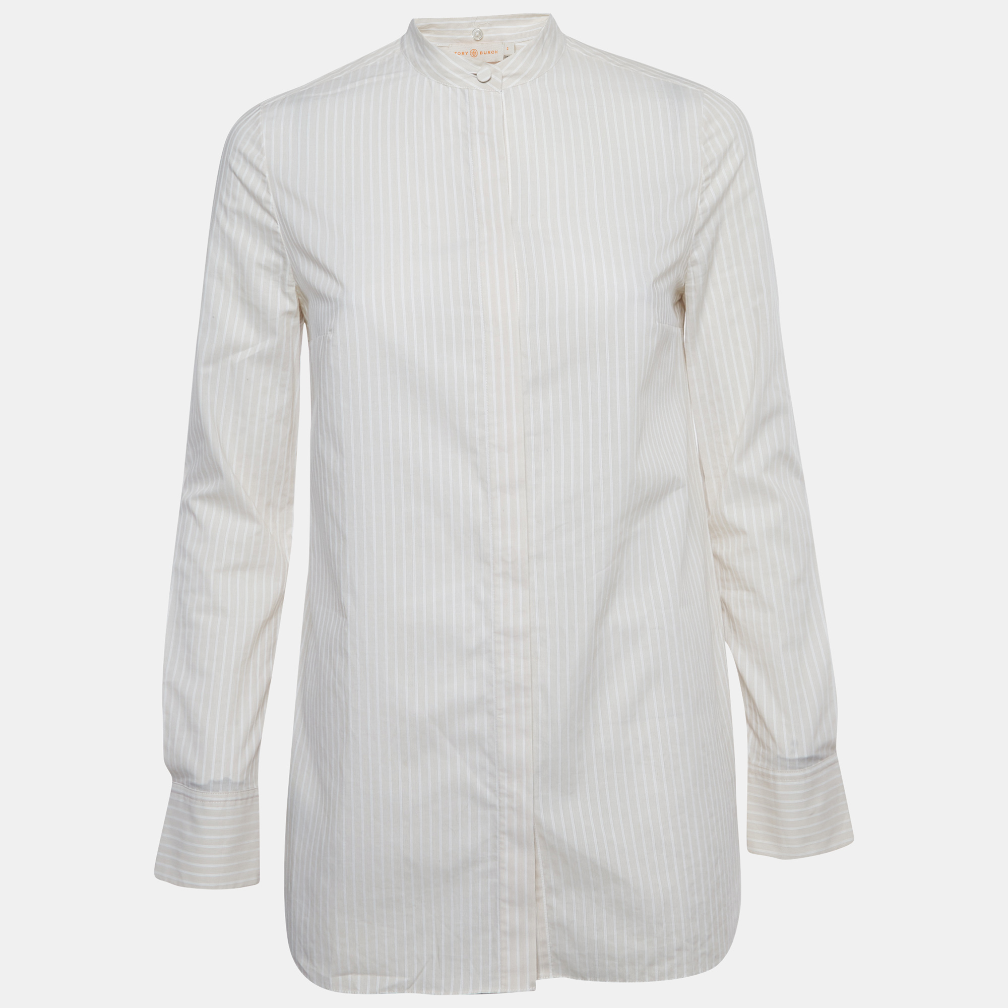 Tory Burch Beige Striped Cotton Long Sleeve Shirt XS