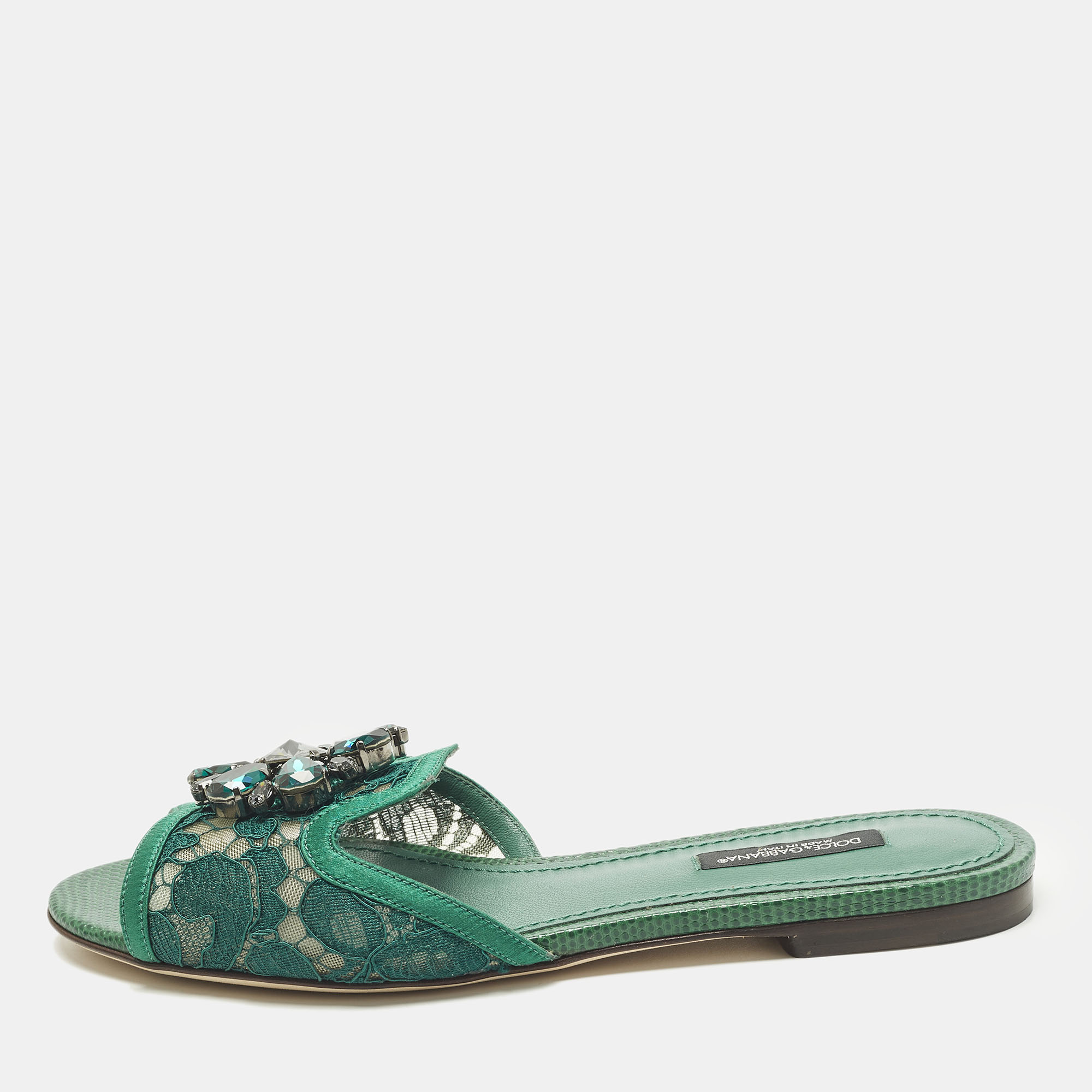 Dolce & Gabbana Bianca Size 36 Green Lace and Satin Flat Slide