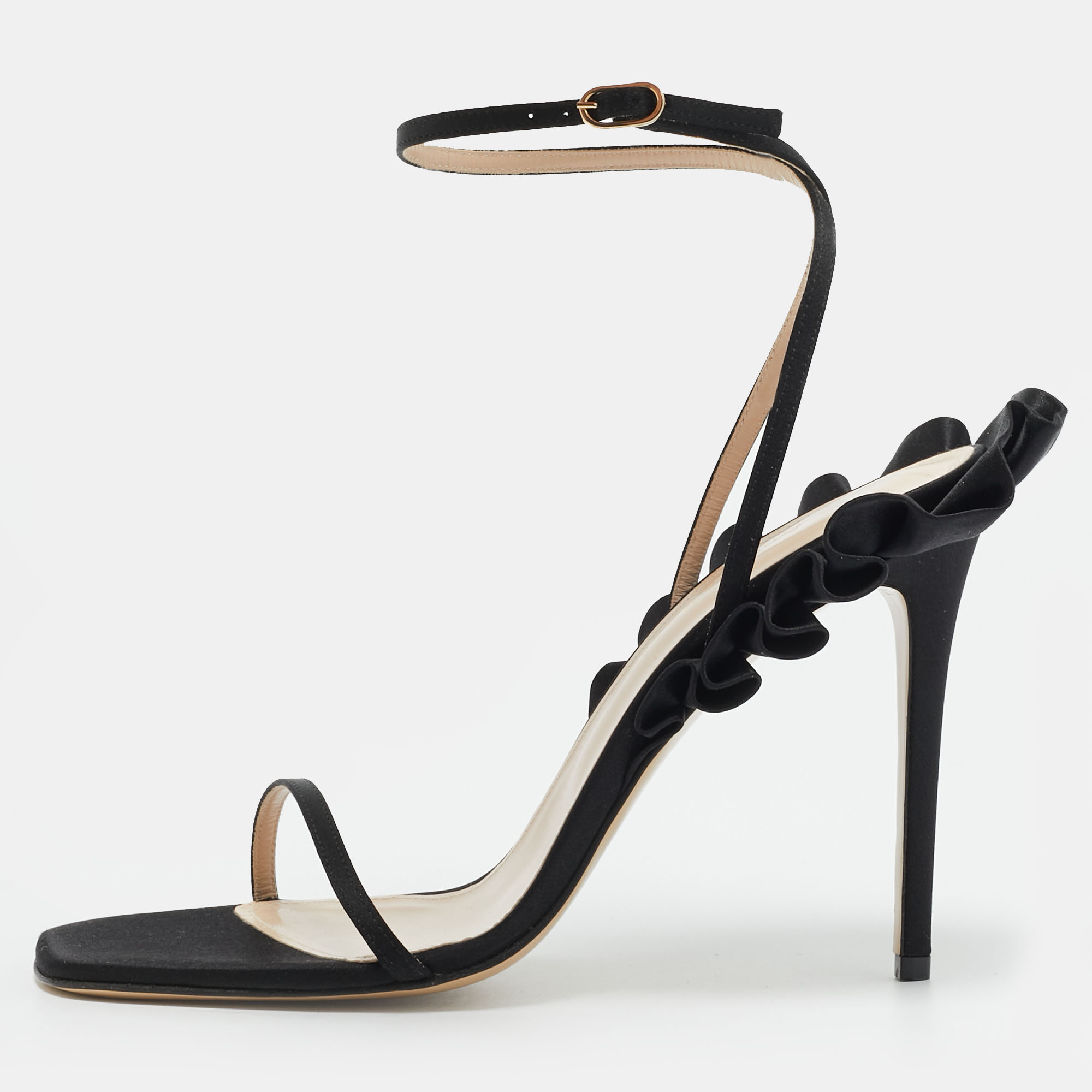 Andrea Wazen Rouches Size 39 Black Satin Ankle Strap Sandals