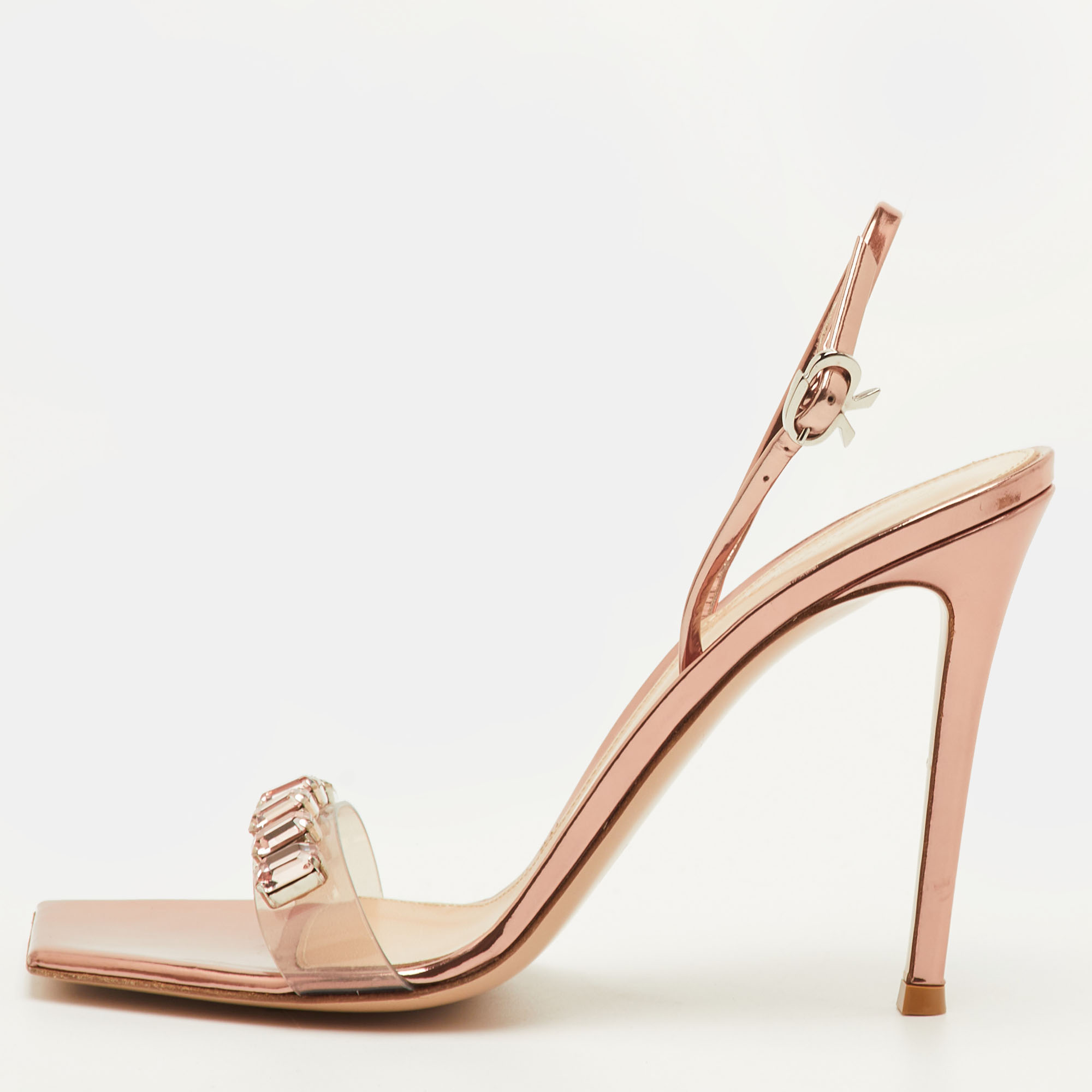 Gianvito Rossi Ribbon Size 39.5 Transparent/Rose Gold Patent Leather and PVC Slingback Sandals