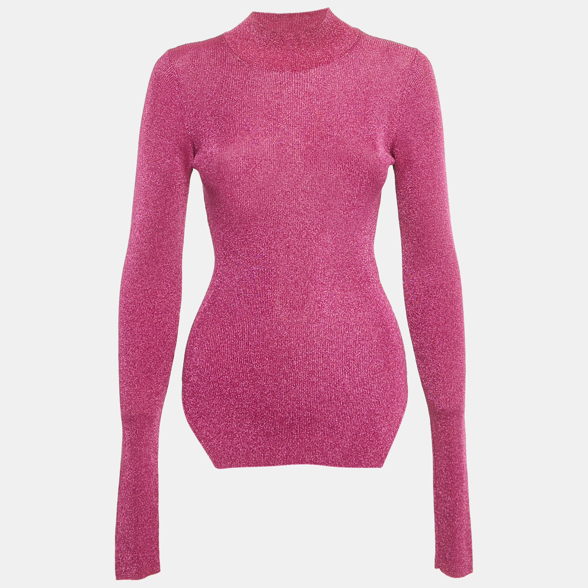 Mugler Pink Lurex Rib Knit Mock Neck Pullover S