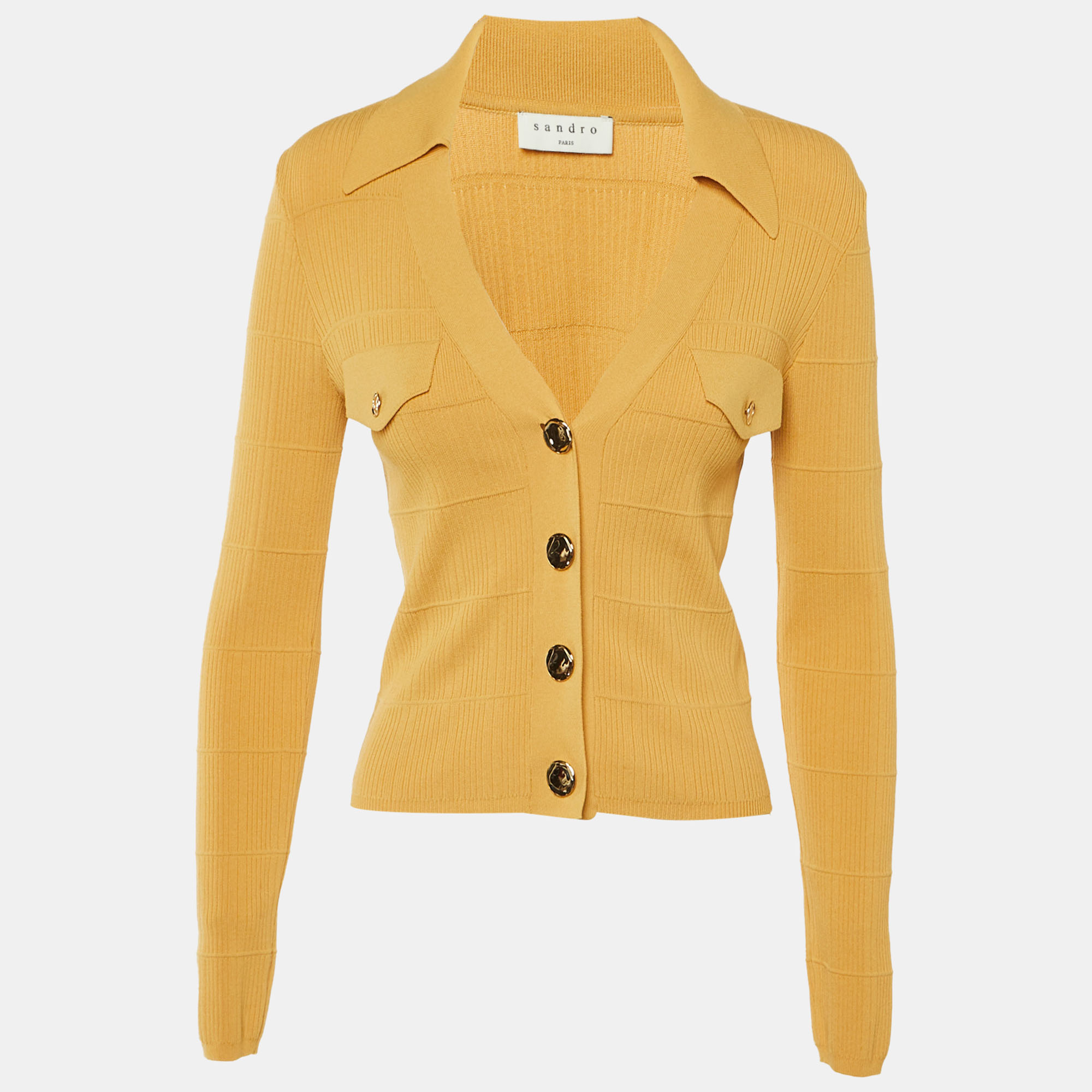 Sandro Yellow Knit Polo Neck Cardigan M
