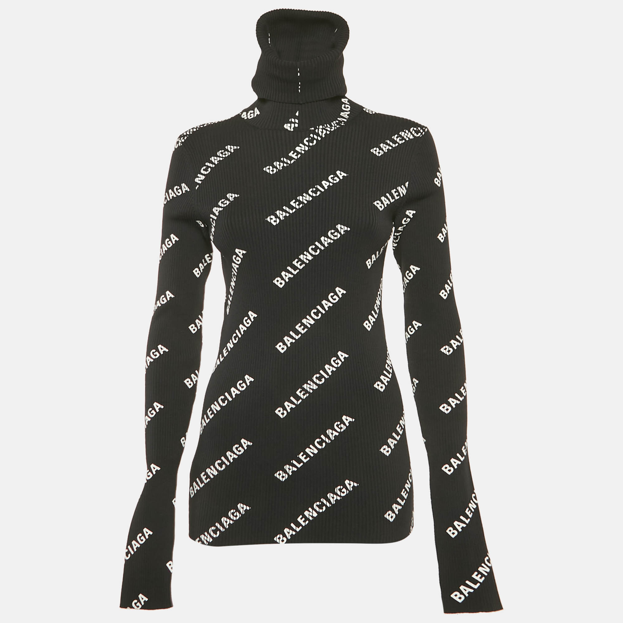 Balenciaga Black Logo Print Rib Knit Turtleneck Sweater M