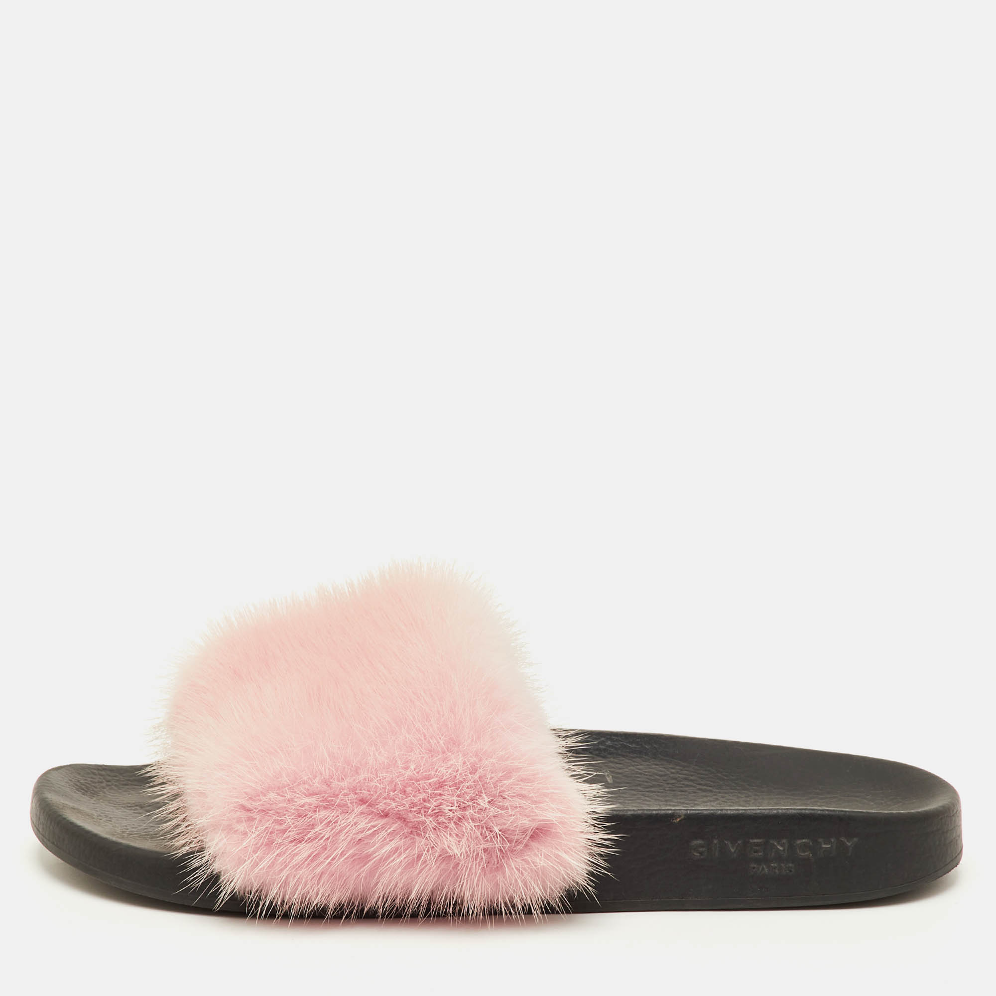 Givenchy Size 40 Light Pink Mink Fur Flat Slide Sandals