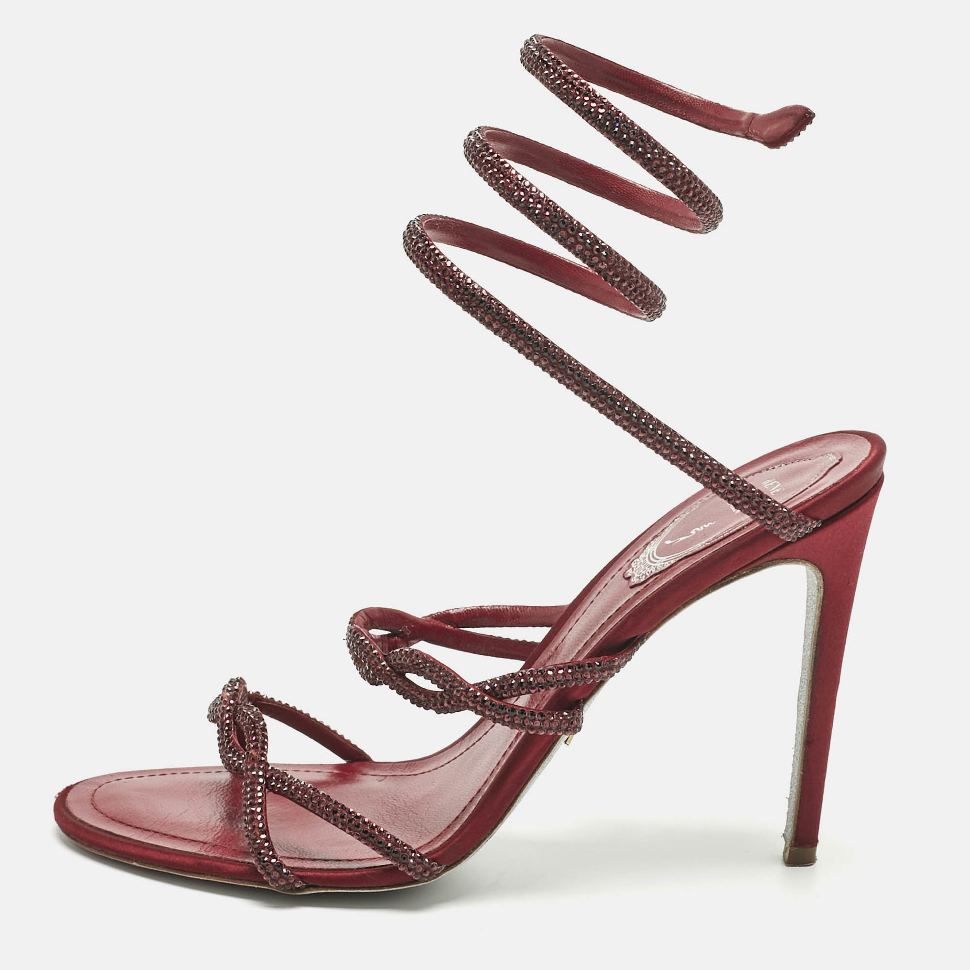 Ren&eacute; Caovilla Burgundy Satin Cleo Ankle Strap Sandals Size 39 René Caovilla