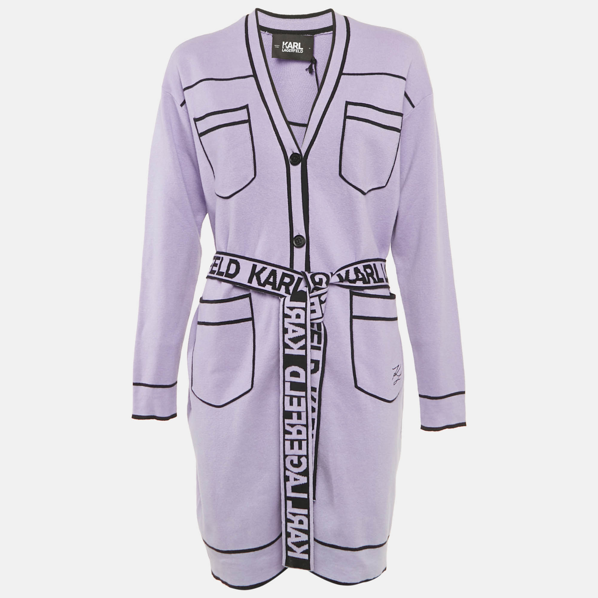 Karl Lagerfeld Purple Wool Blend Logo Belted Cardigan M
