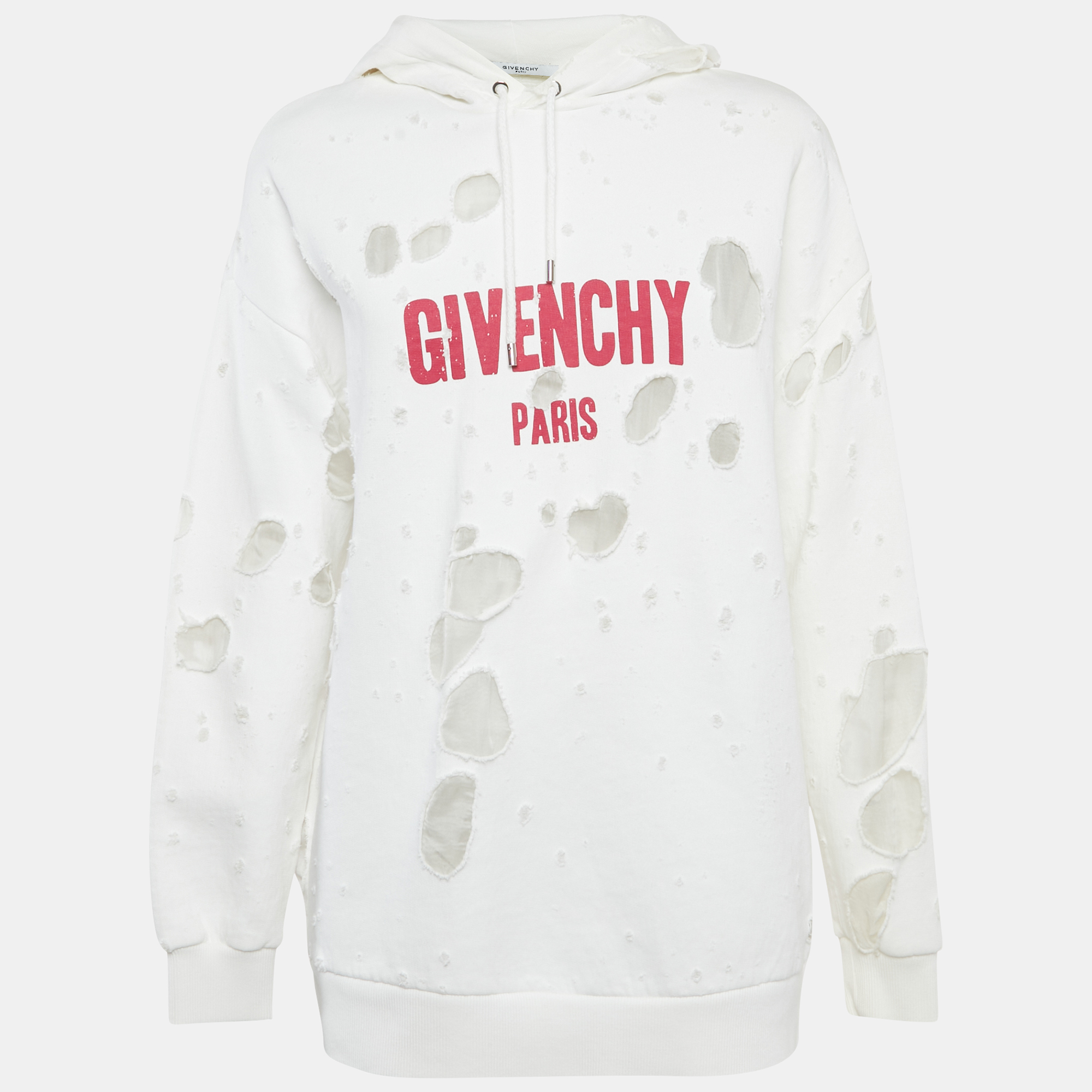 Givenchy White Logo Print Distressed Oversize Hoodie XS