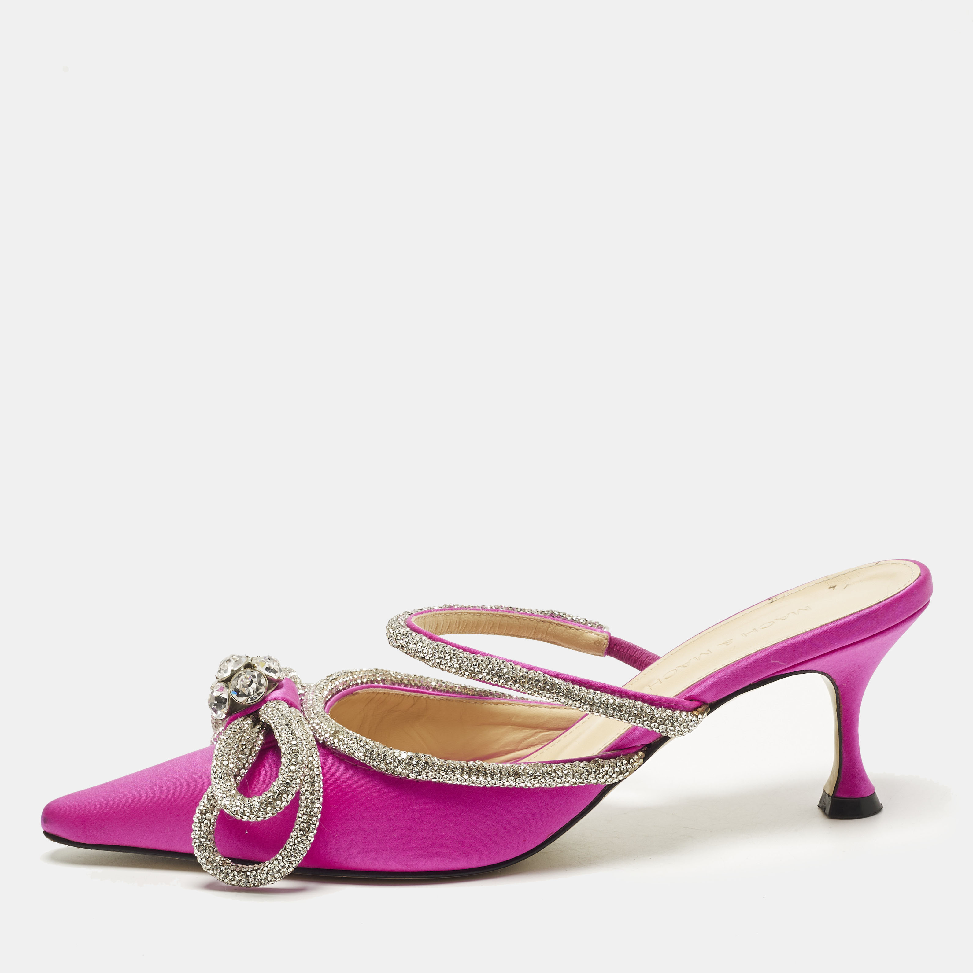 Mach & Mach Double Bow Size 36 Fuchsia Pink Satin Mules