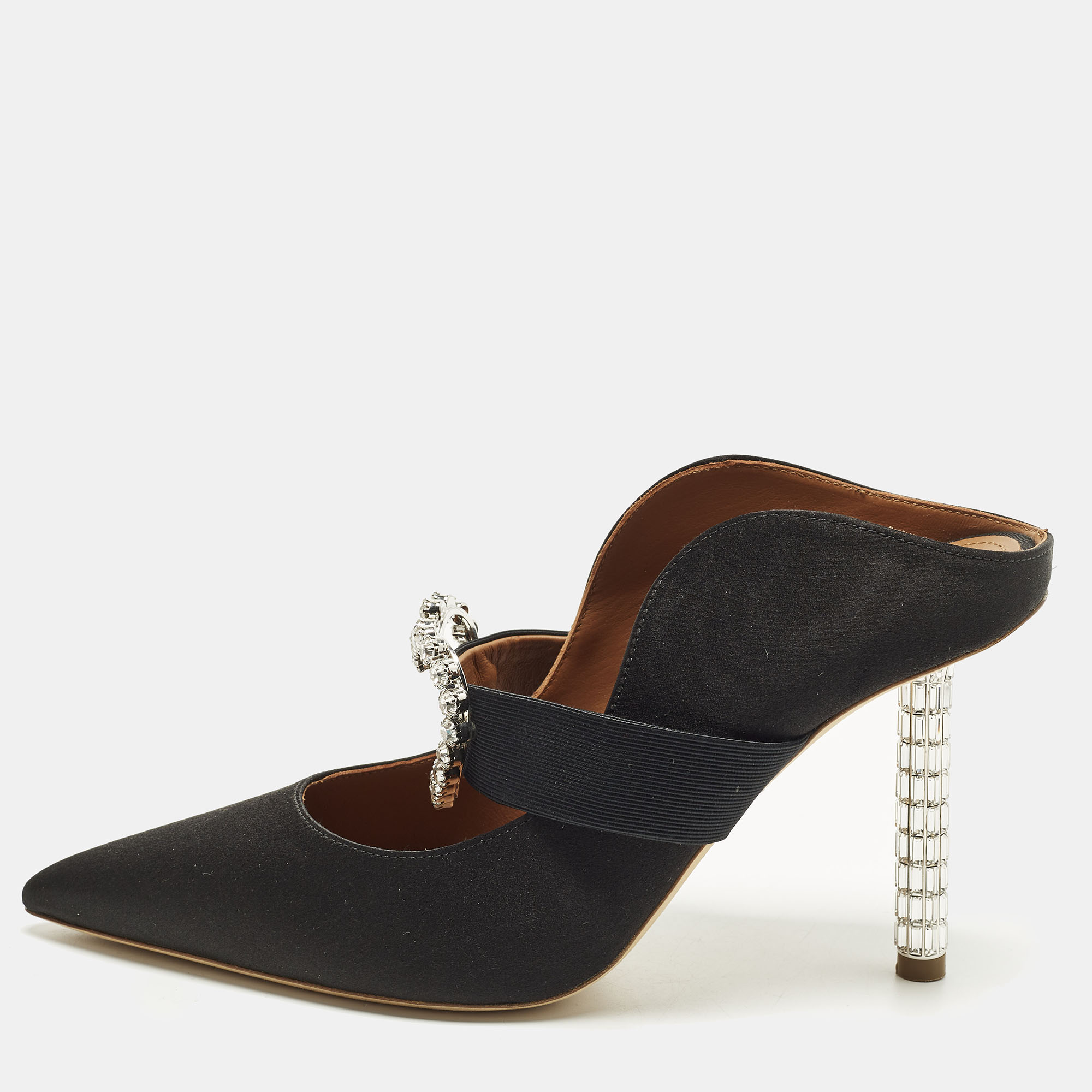 Malone Souliers x Emily in Paris Maureen Size 37 Black Satin Crystal Embellished Mules