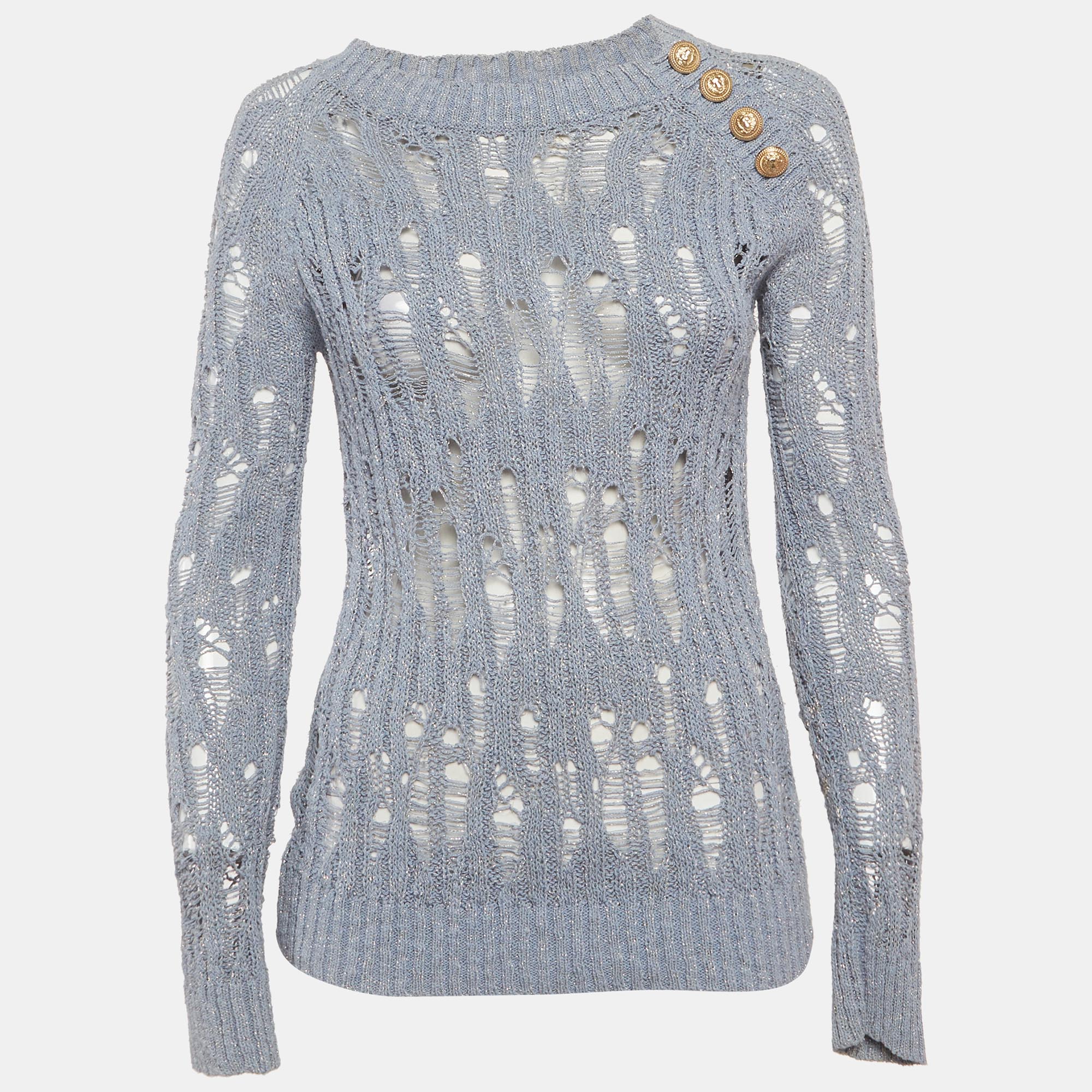 Balmain Blue Lurex Open Knit Sweater S