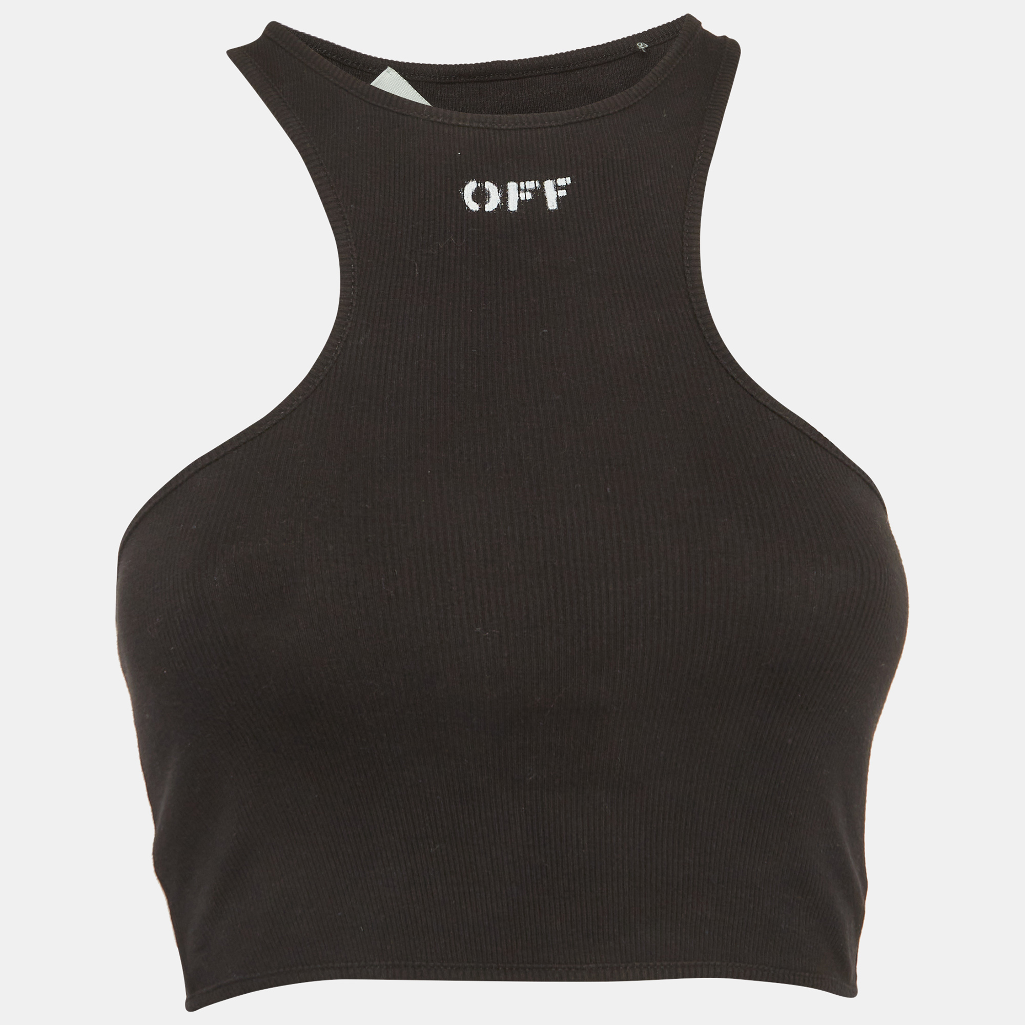 Off-White Black Logo Print Rib Knit Racer Back Tank Top S