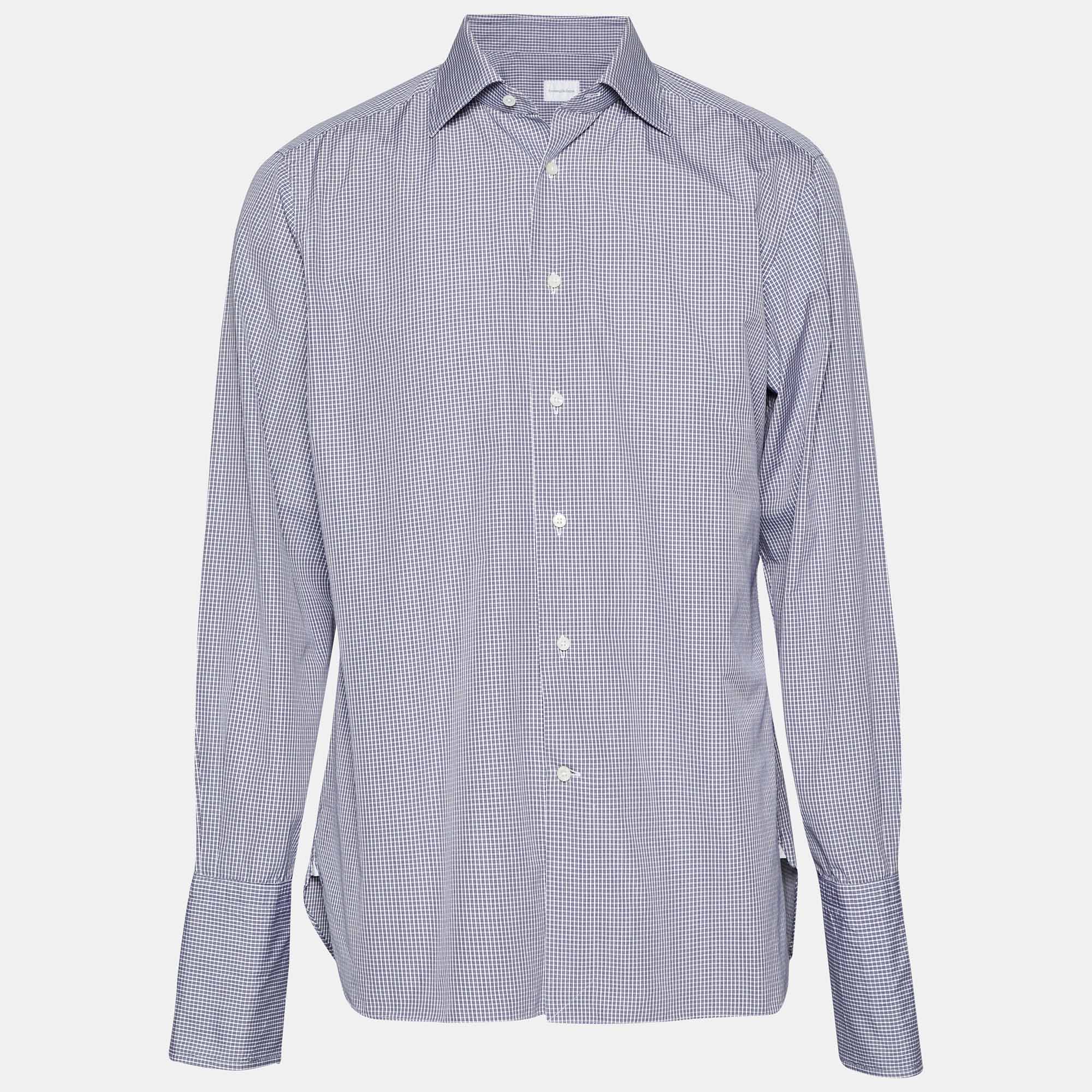 Ermenegildo Zegna Blue Checks Cotton Double Cuff Shirt M