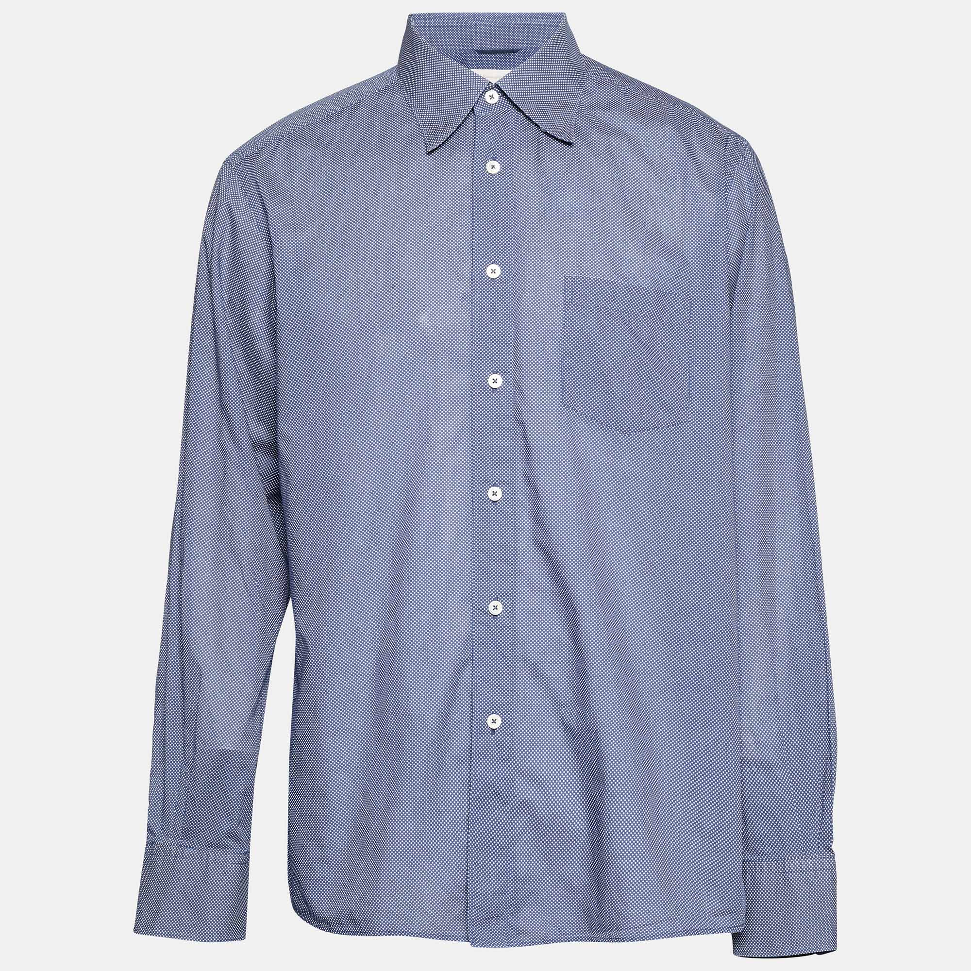 Ermenegildo Zegna Navy Blue Polka Dot Cotton Long Sleeve Shirt XXL