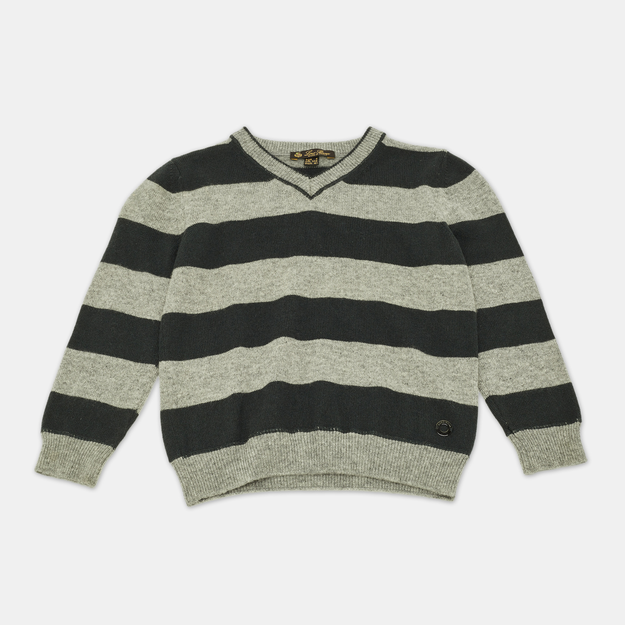 Loro Piana Green/Grey Striped Cashmere Elbow Patch Sweater 4 Yrs