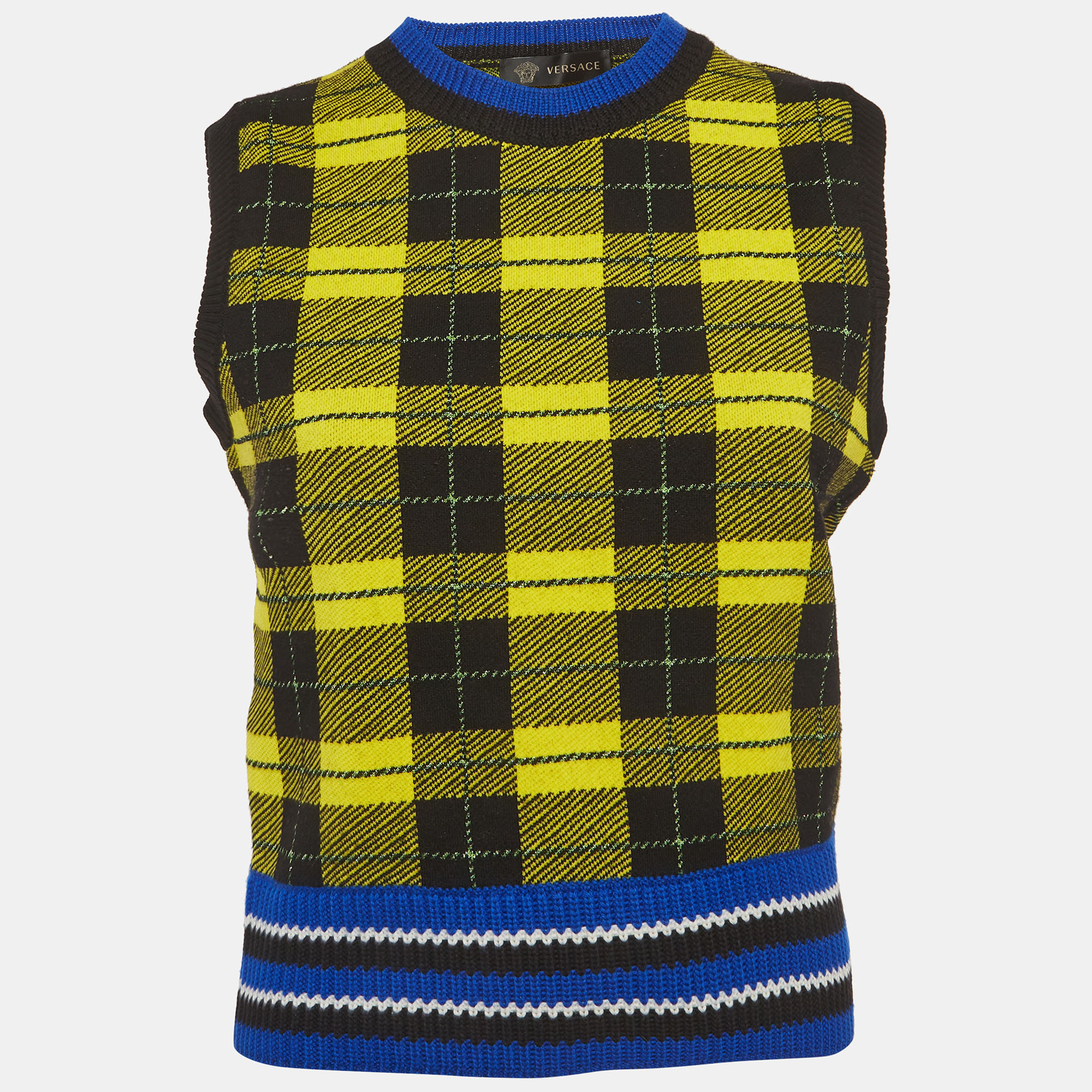 Versace Yellow/Black Plaid Knit Vest Sweater M