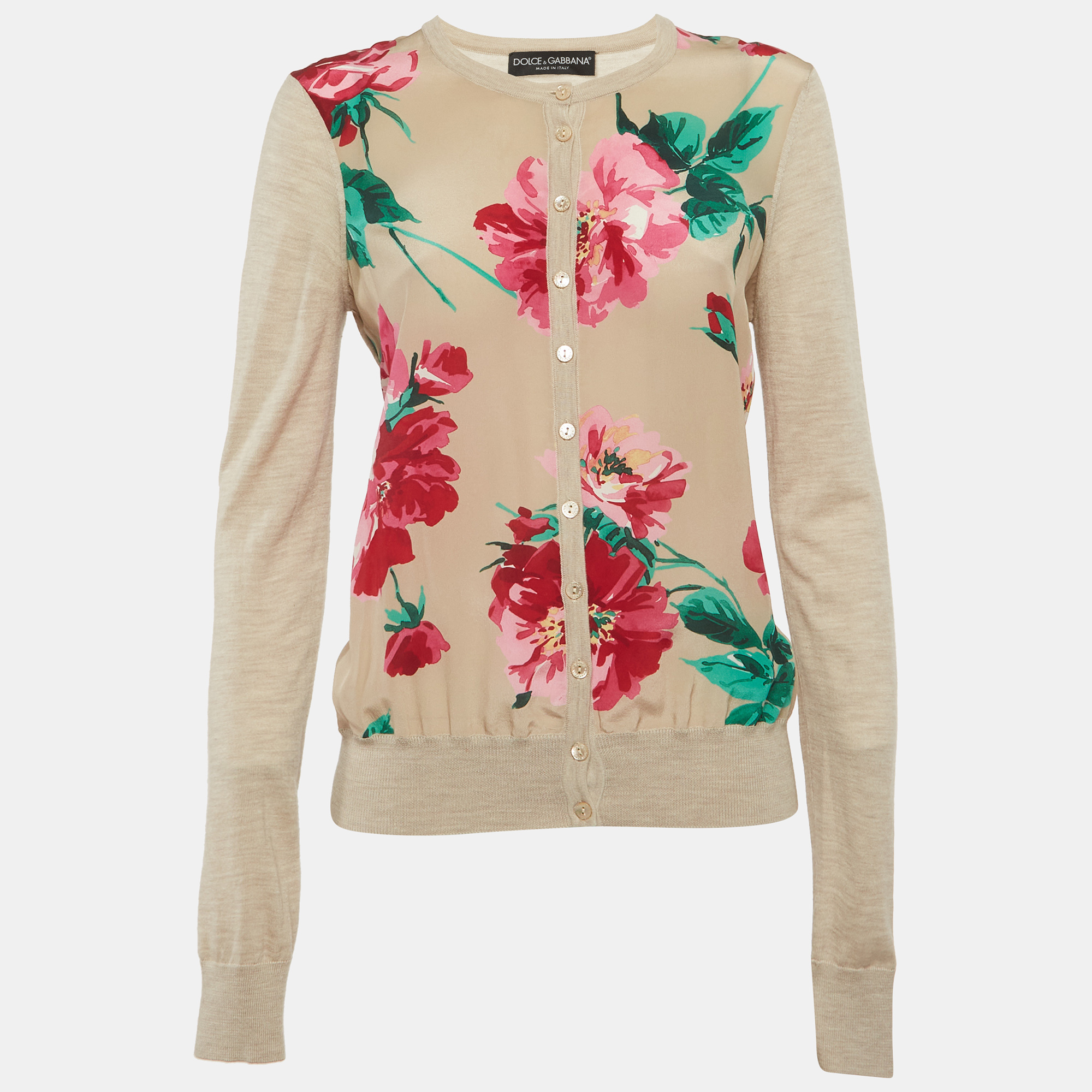 Dolce & Gabbana Beige Floral Print Silk and Knit Cardigan M